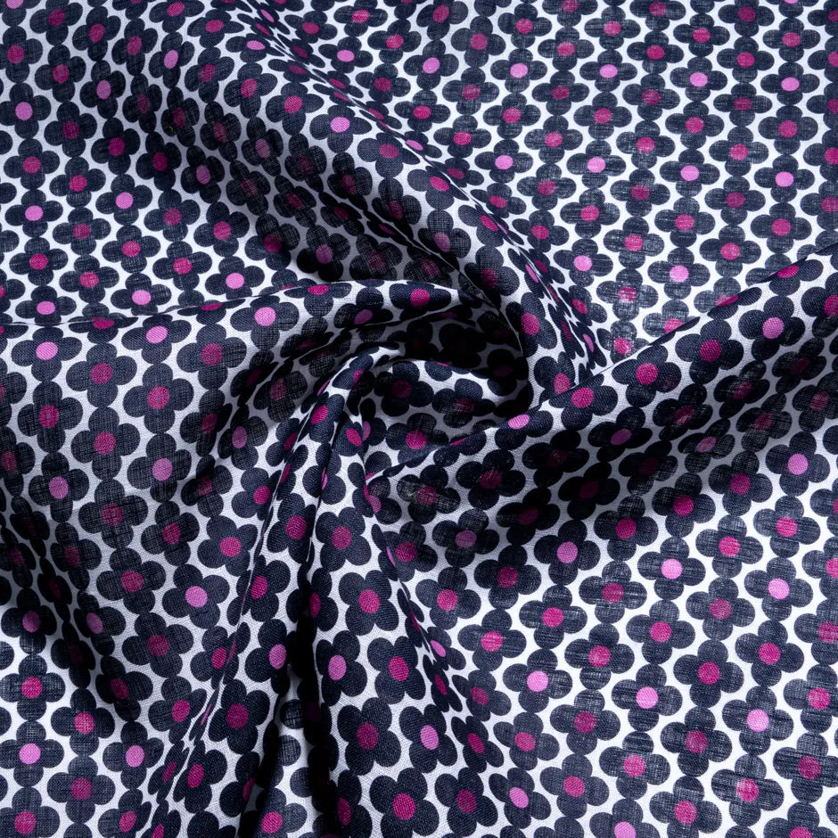 Midnight Blue & Pink Floral Geometric Printed Linen