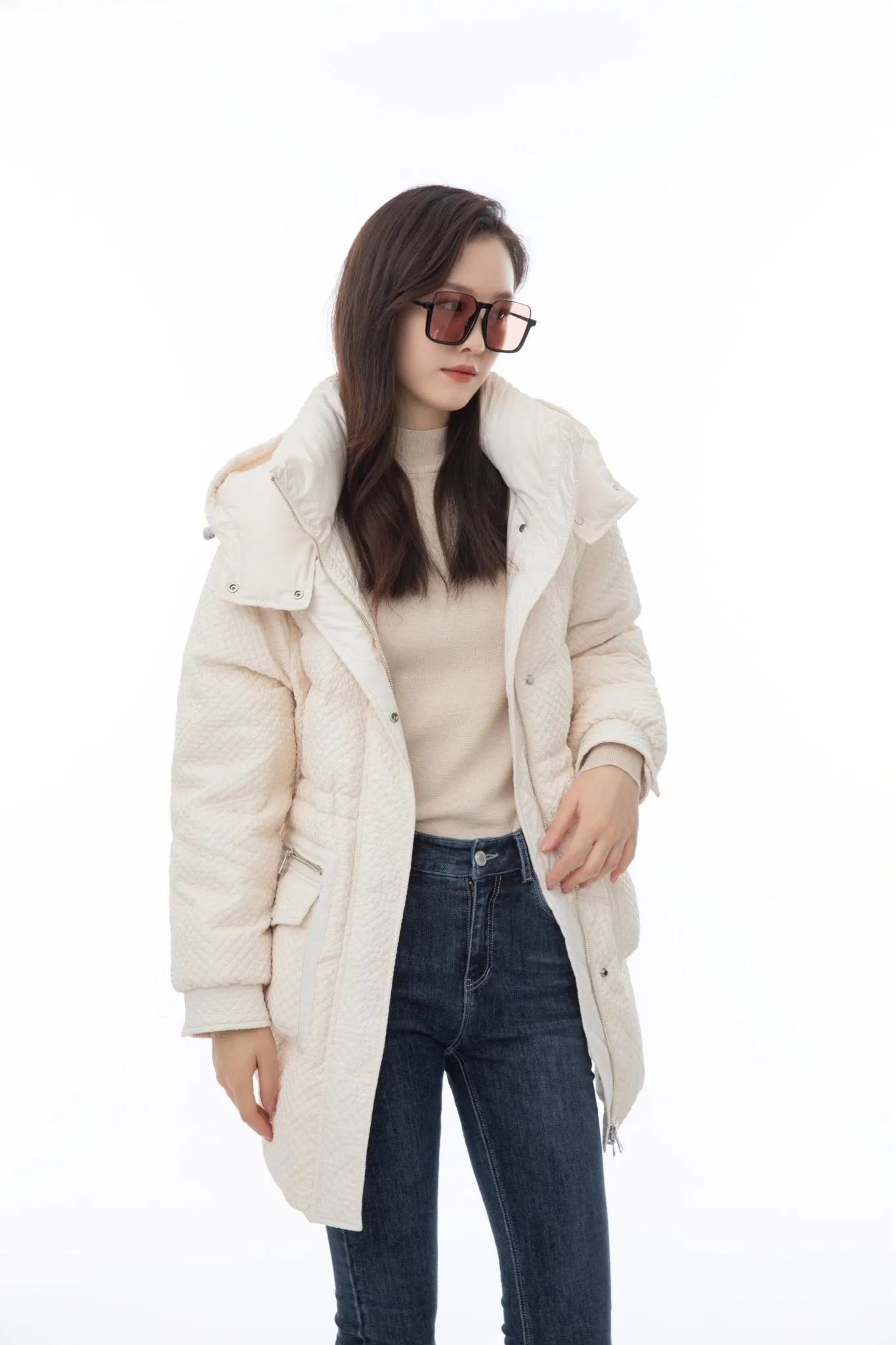 Morganite White Mid-Length Down Jacket