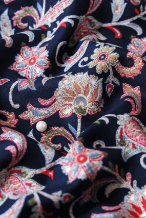 Multi Color Floral Pattern With Foil Print On Navy Blue Pure Rayon Fabric