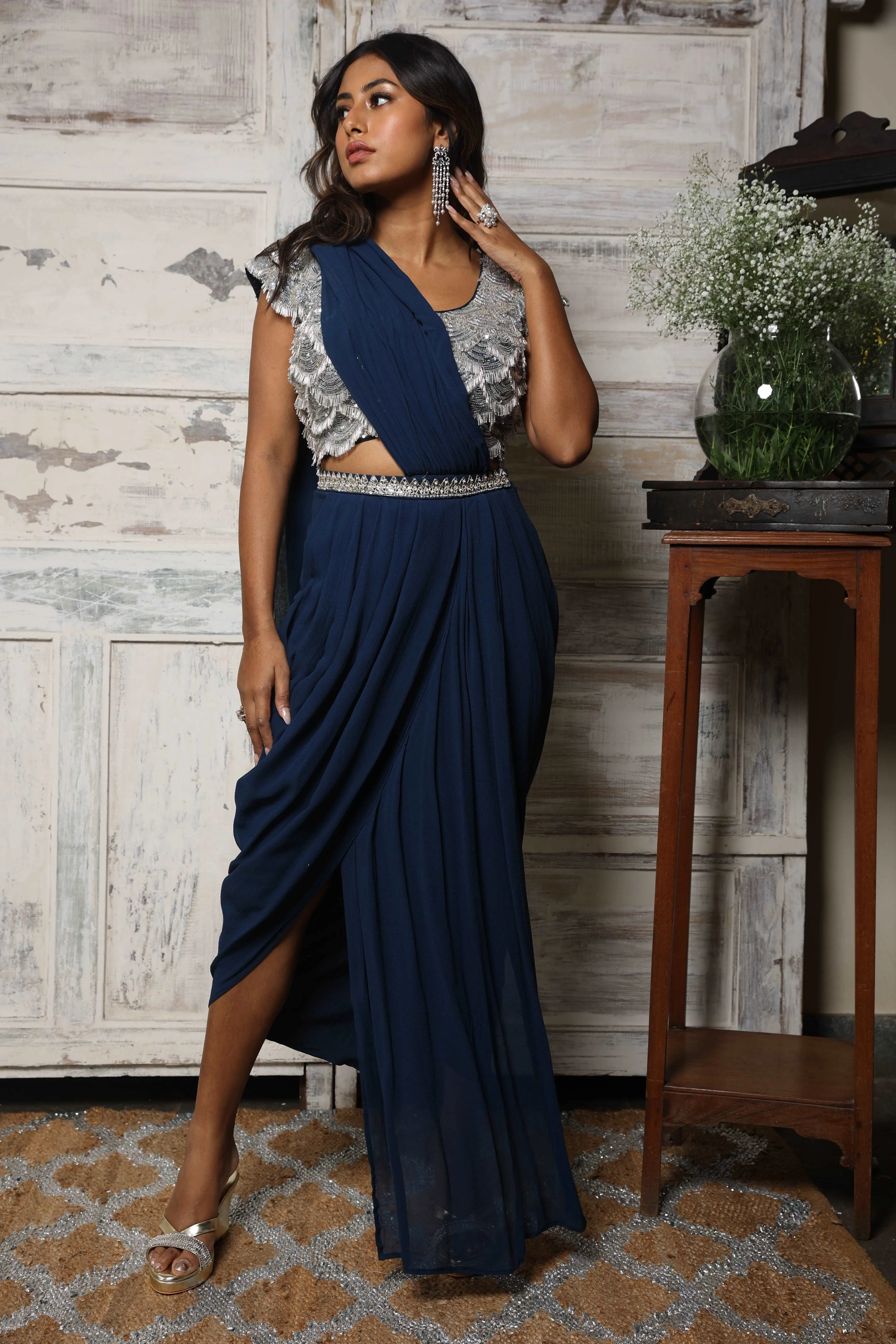 Navy Blue Drape Saree