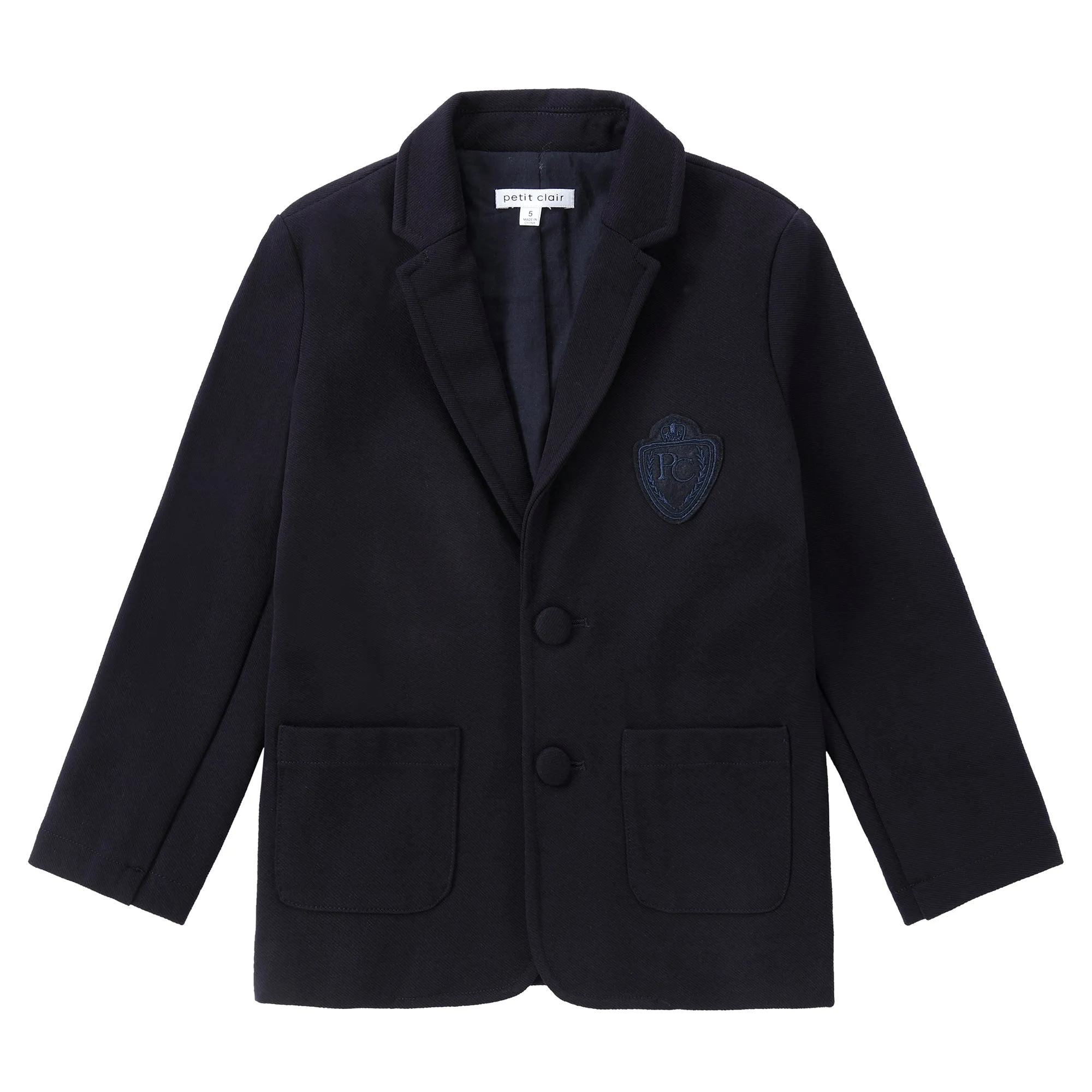 Navy Stretch Blazer with Emblem- Matches Pants