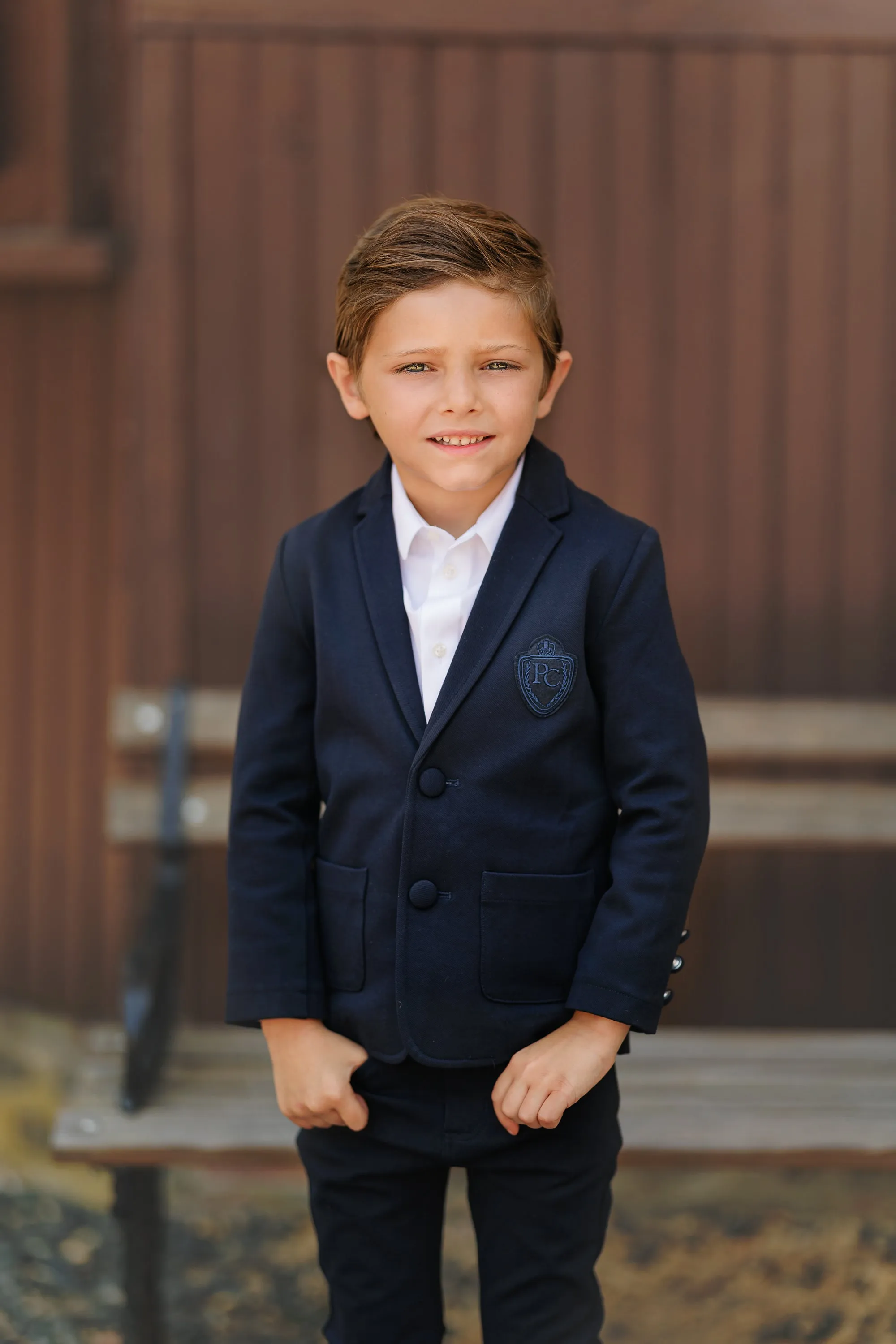 Navy Stretch Blazer with Emblem- Matches Pants