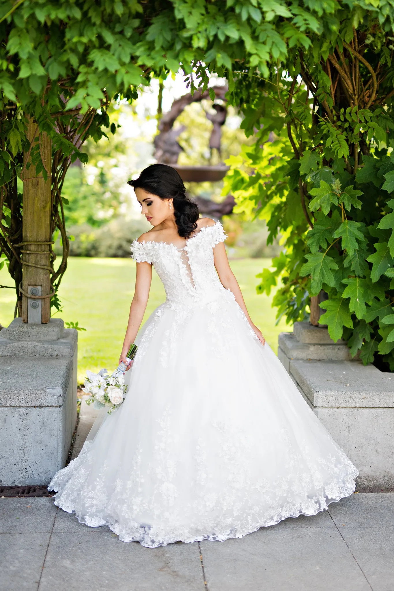 Off Shoulder Lace Ball Gown with 3D Flowers (#Wora)