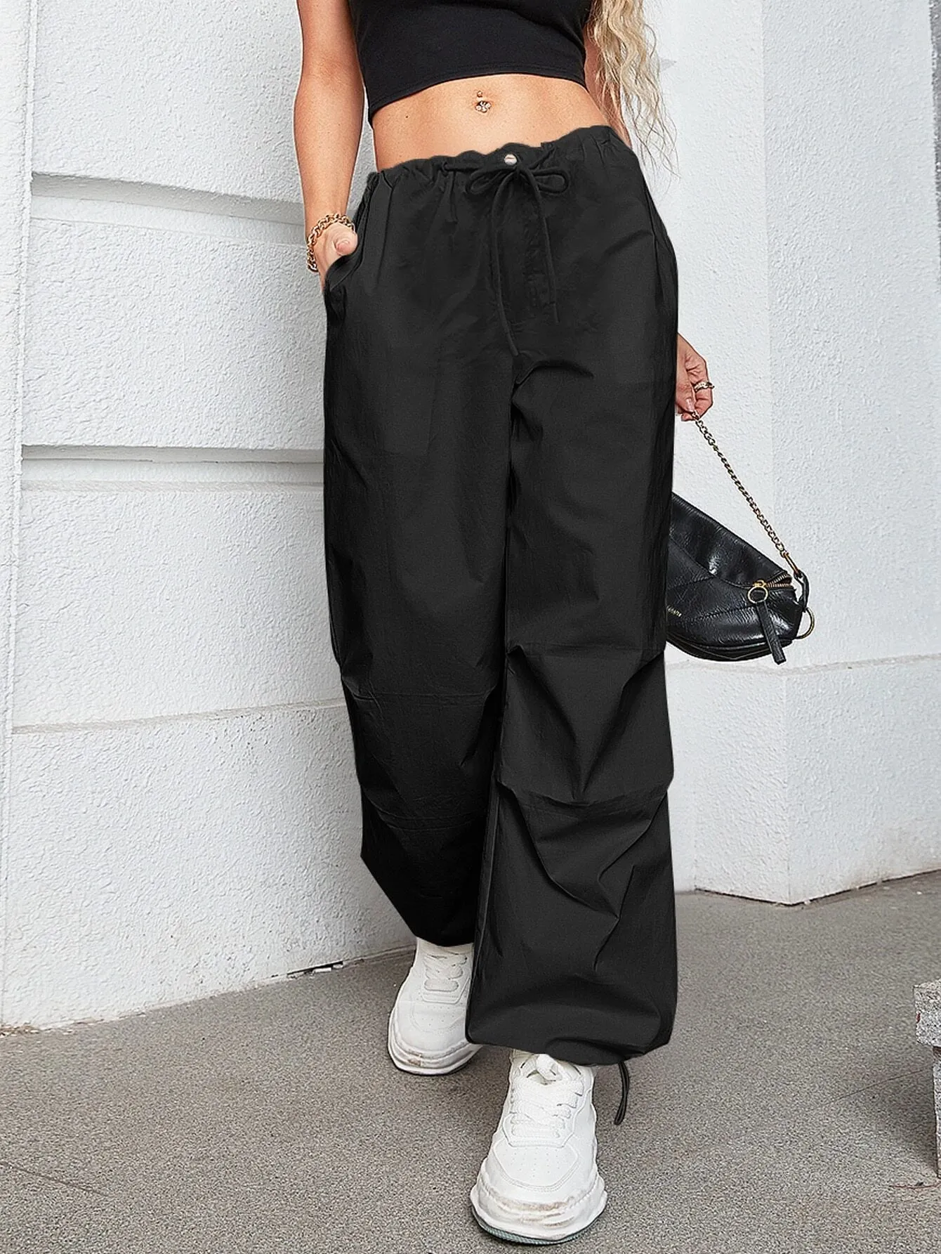 Oversized Drawstring Slant Pocket Parachute Pants