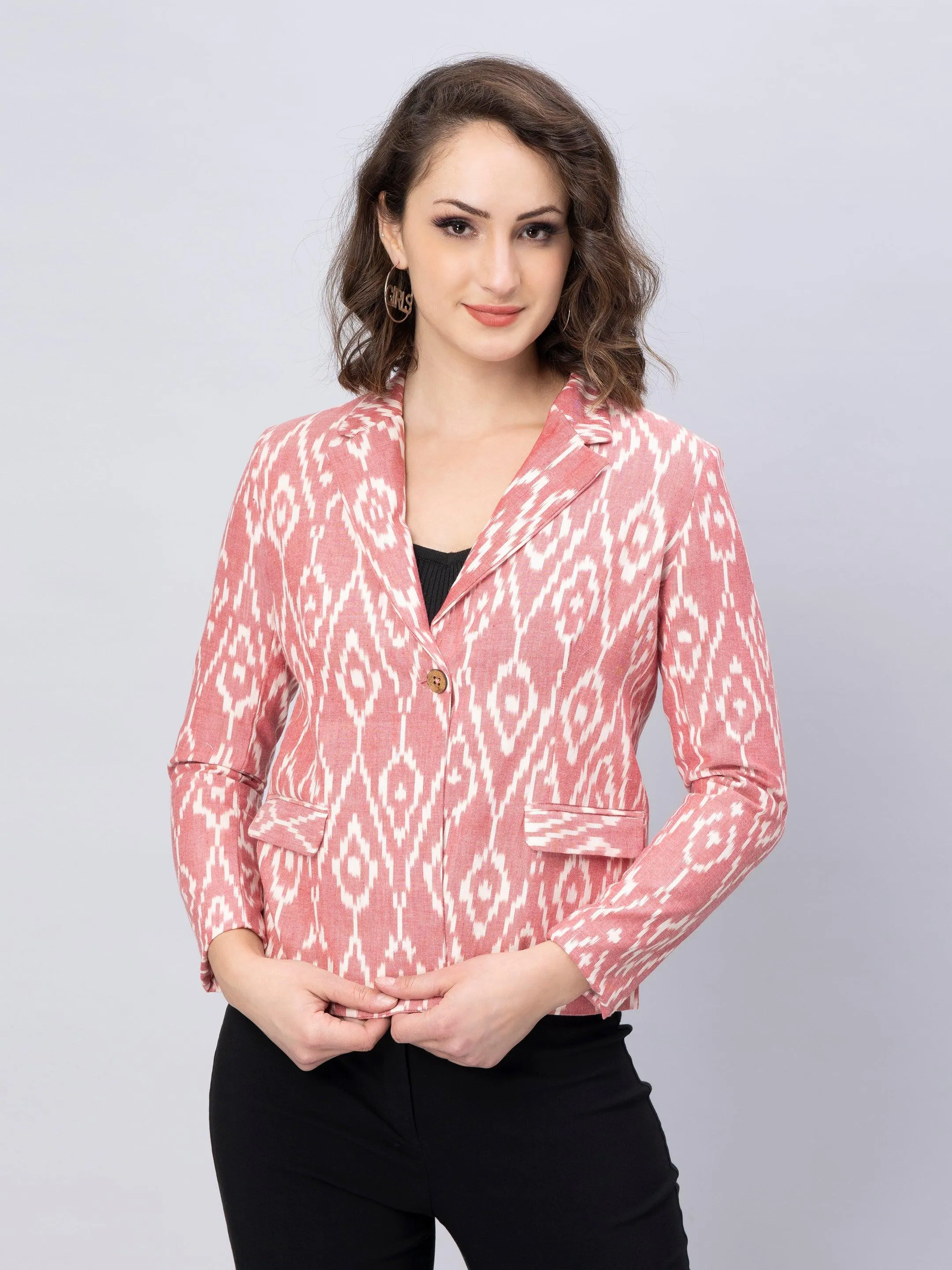 Pink Woven Ikkat Blazer In Pure Cotton