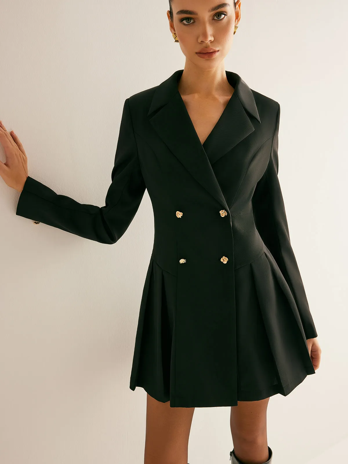 Pleated Blazer Dress With Shoulder Pads