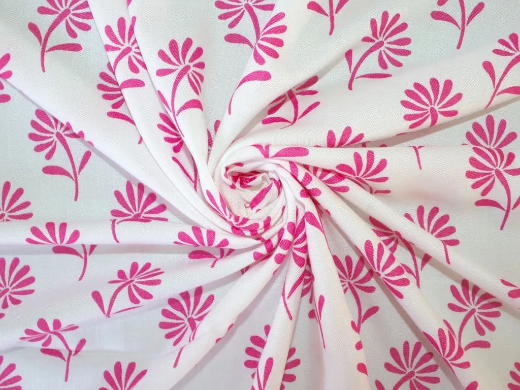 Precut White Pink Floral Printed Rayon Fabric