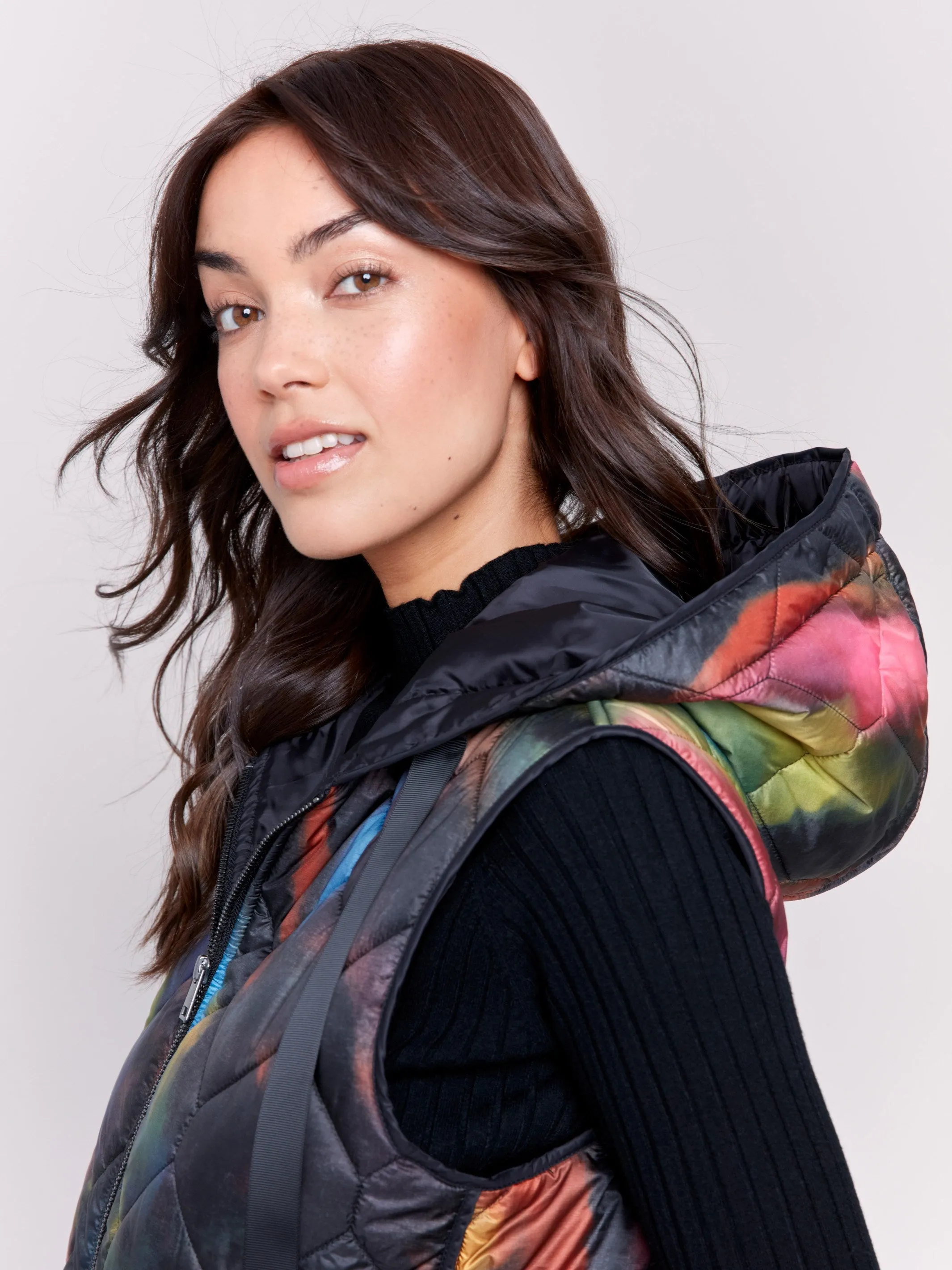 Printed Short Quilted Puffer Vest With Hood - Neon