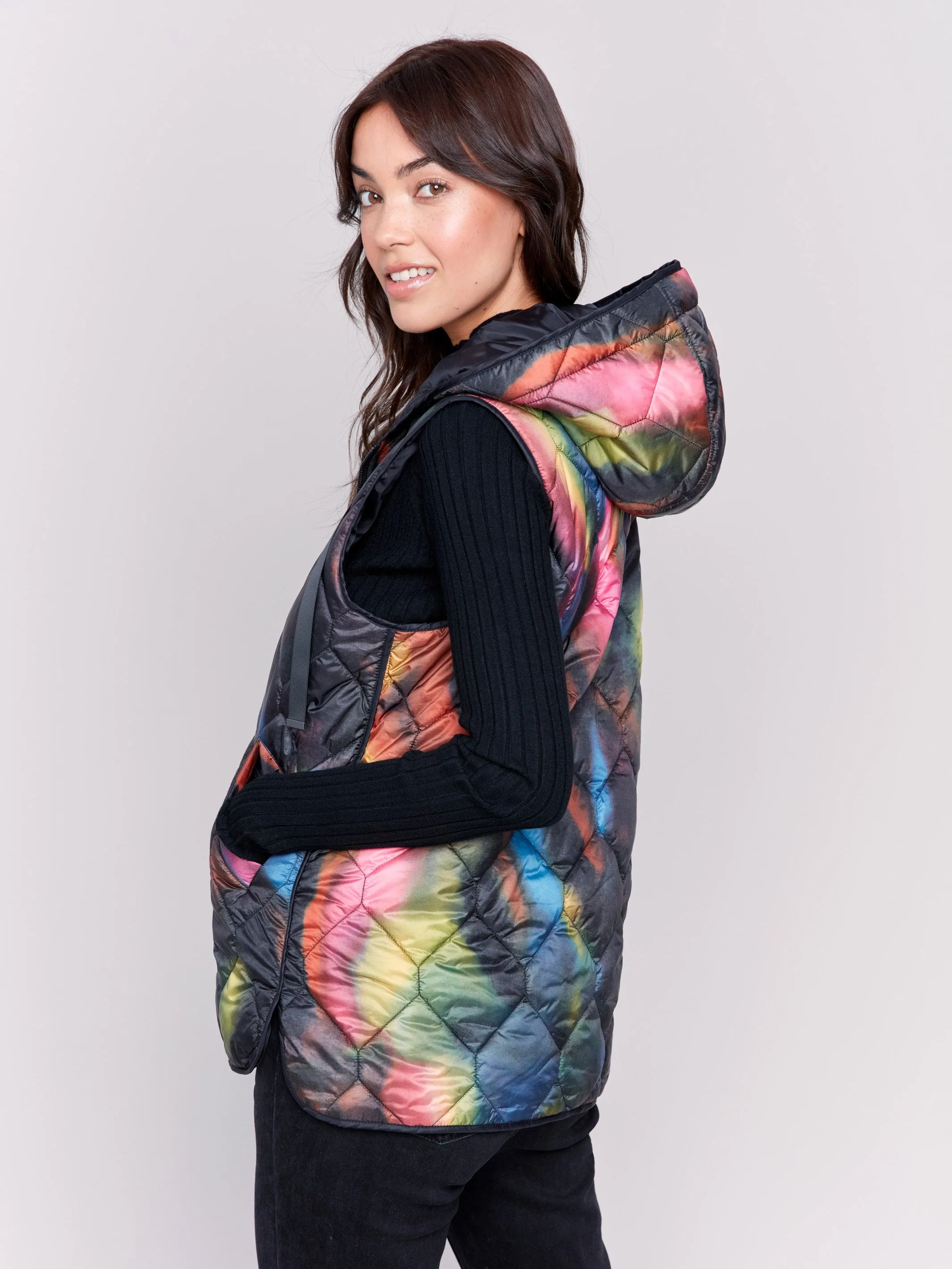 Printed Short Quilted Puffer Vest With Hood - Neon