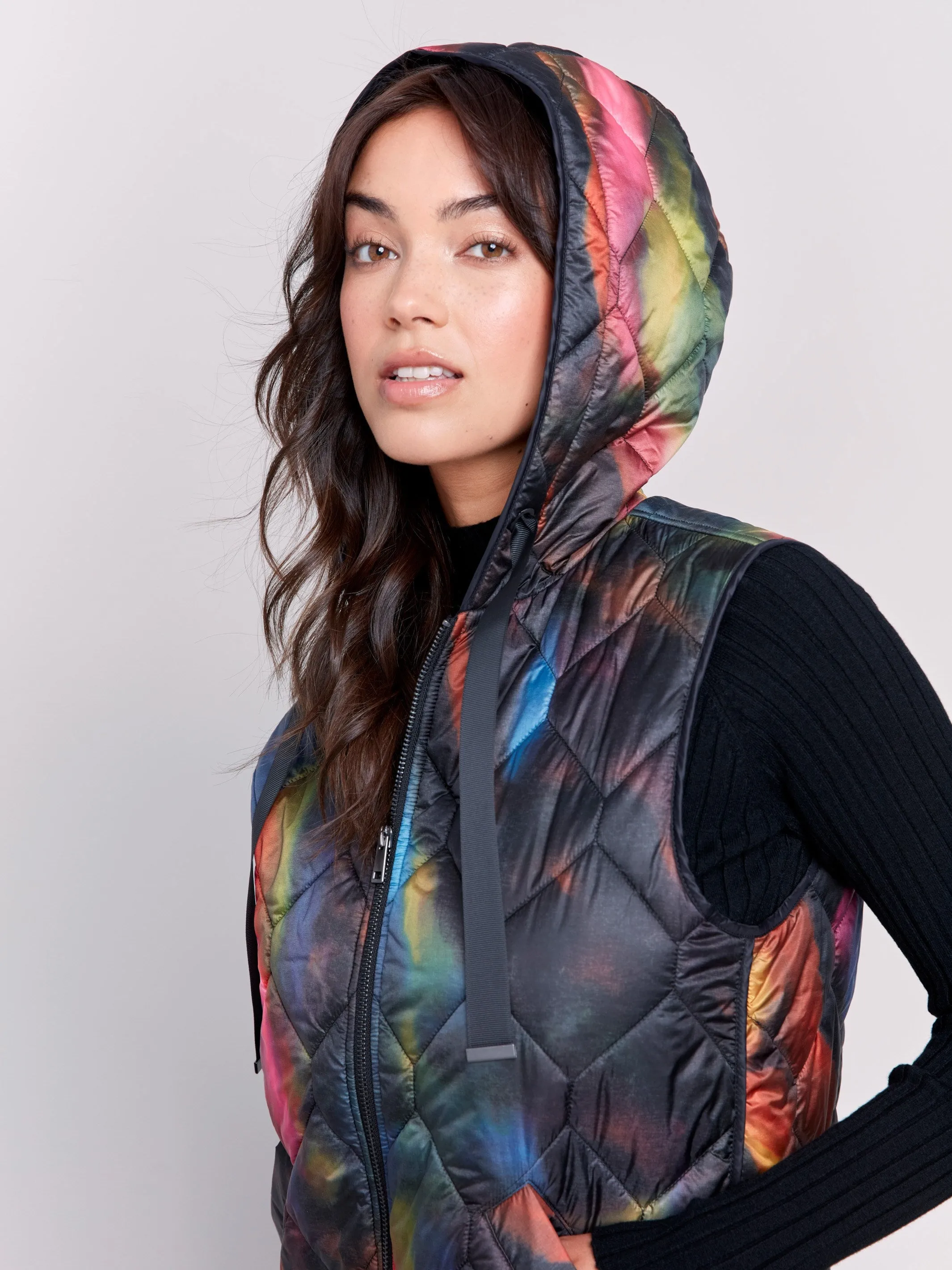 Printed Short Quilted Puffer Vest With Hood - Neon