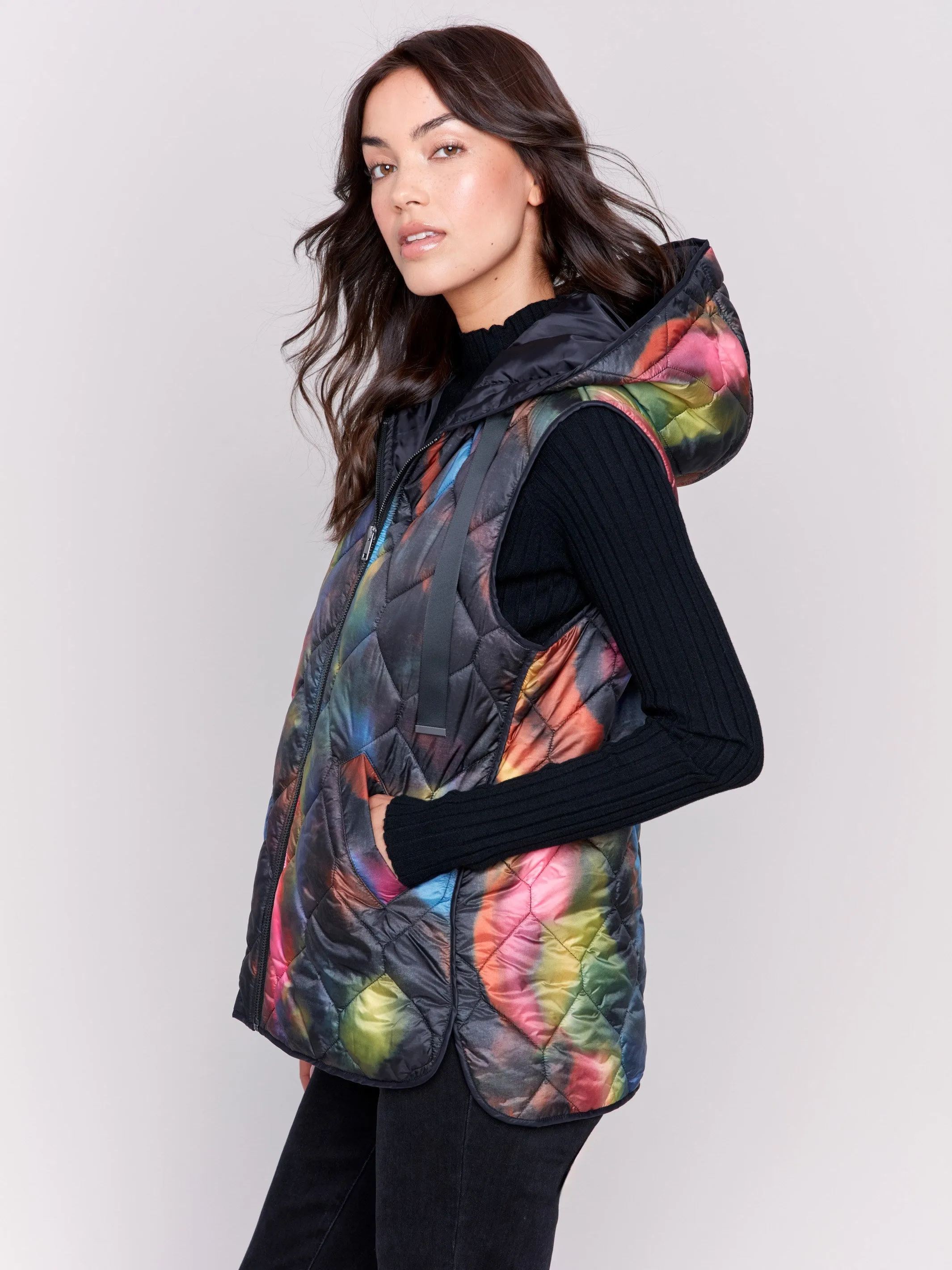 Printed Short Quilted Puffer Vest With Hood - Neon