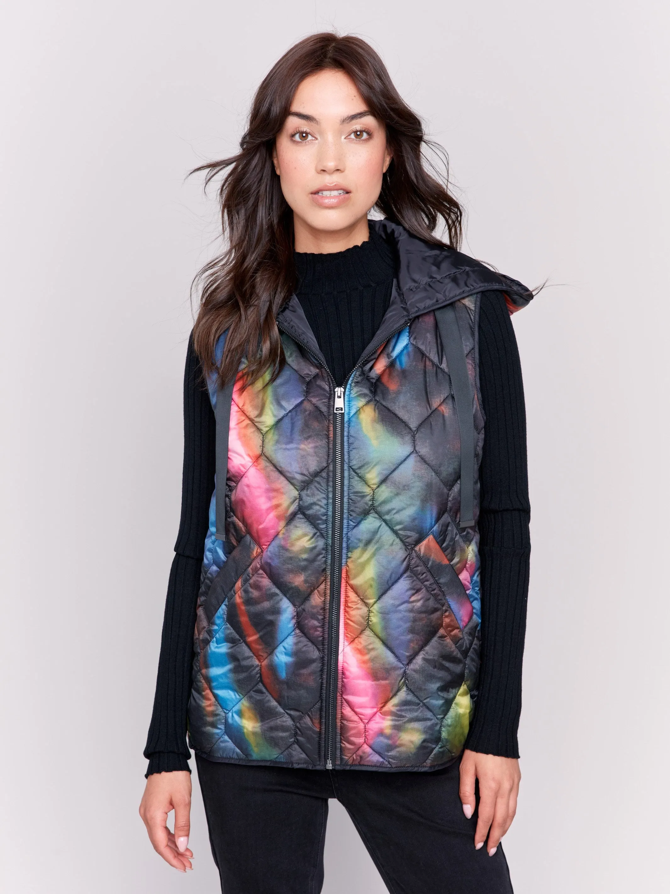 Printed Short Quilted Puffer Vest With Hood - Neon