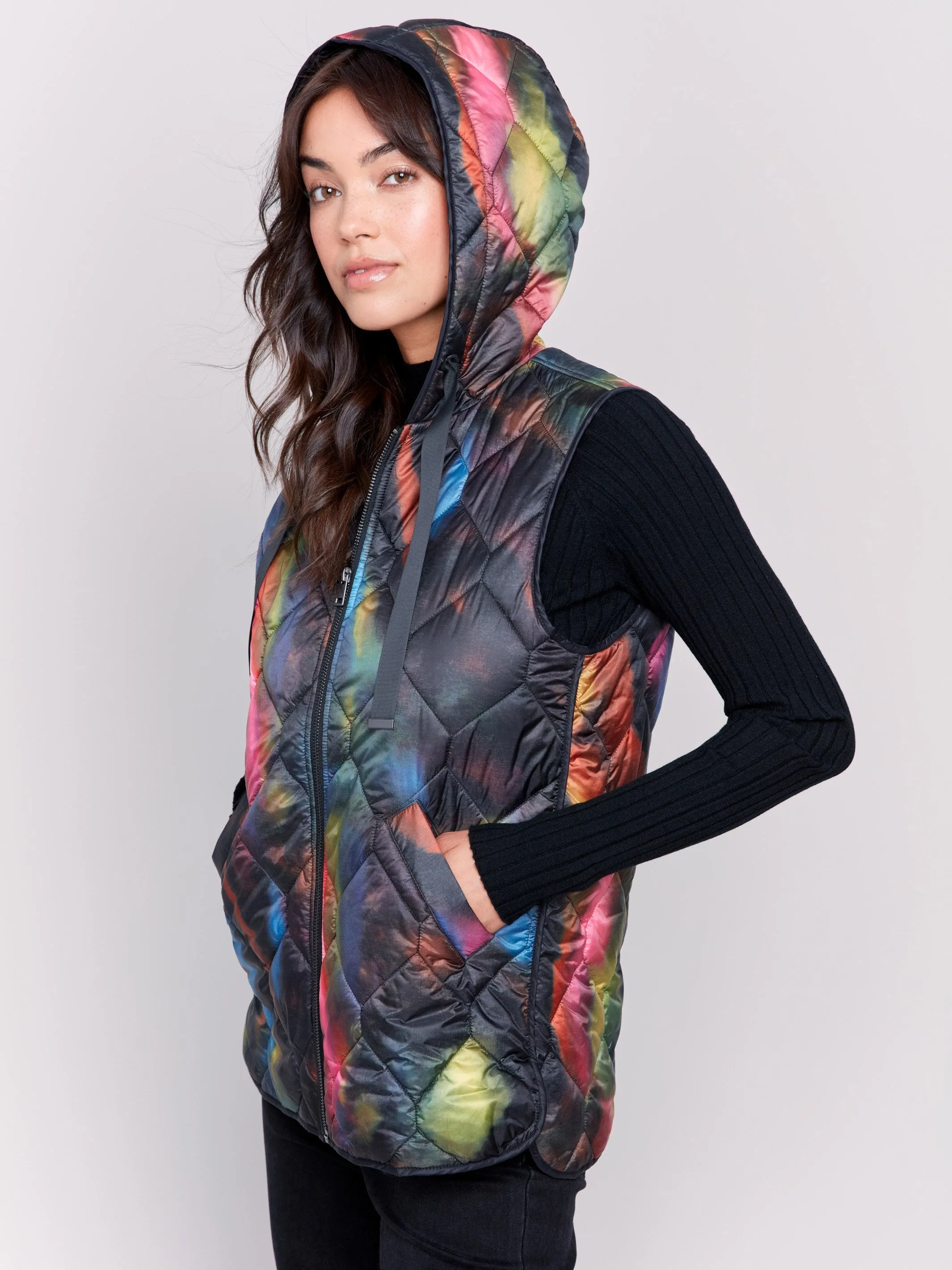 Printed Short Quilted Puffer Vest With Hood - Neon