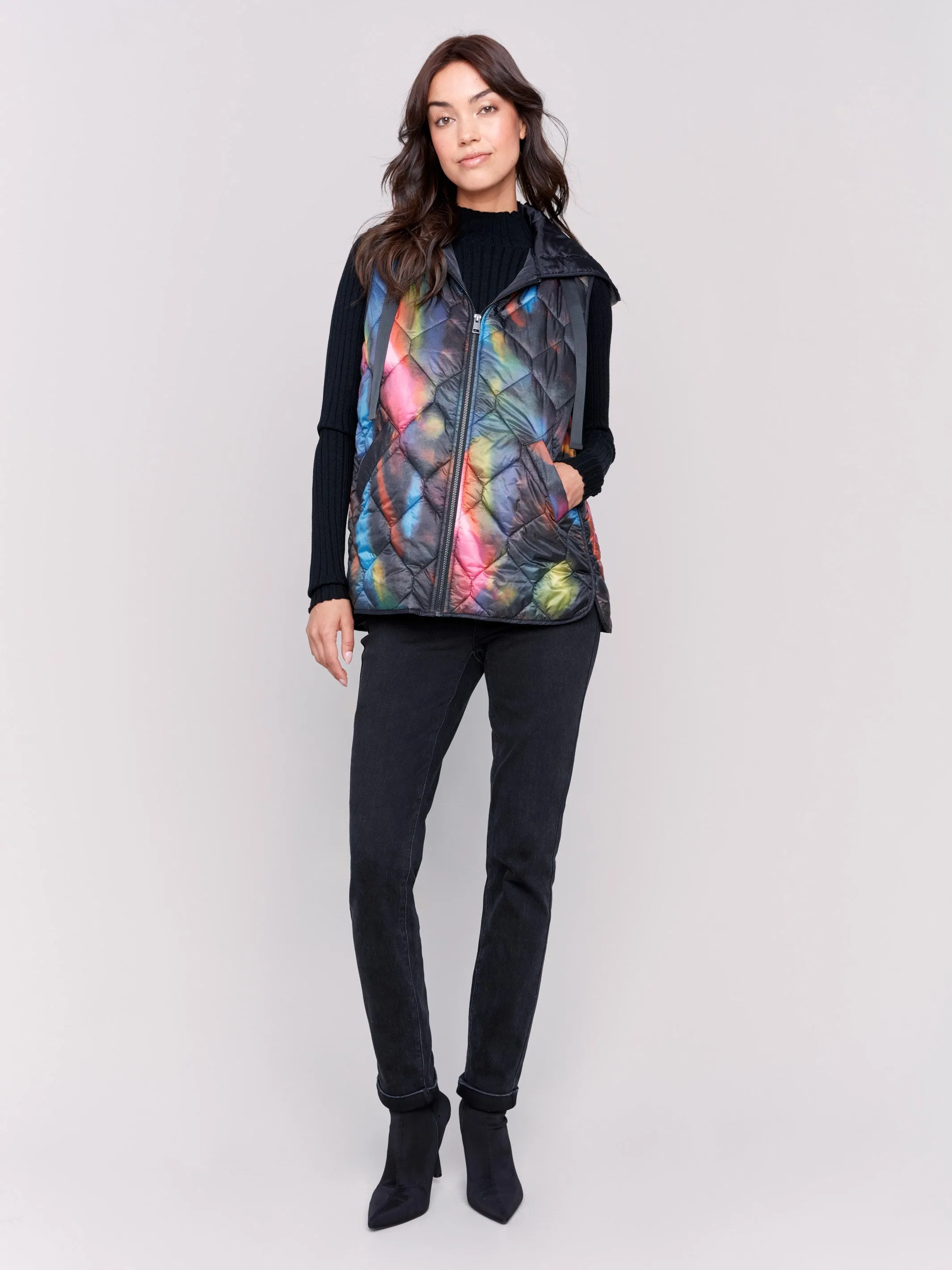 Printed Short Quilted Puffer Vest With Hood - Neon