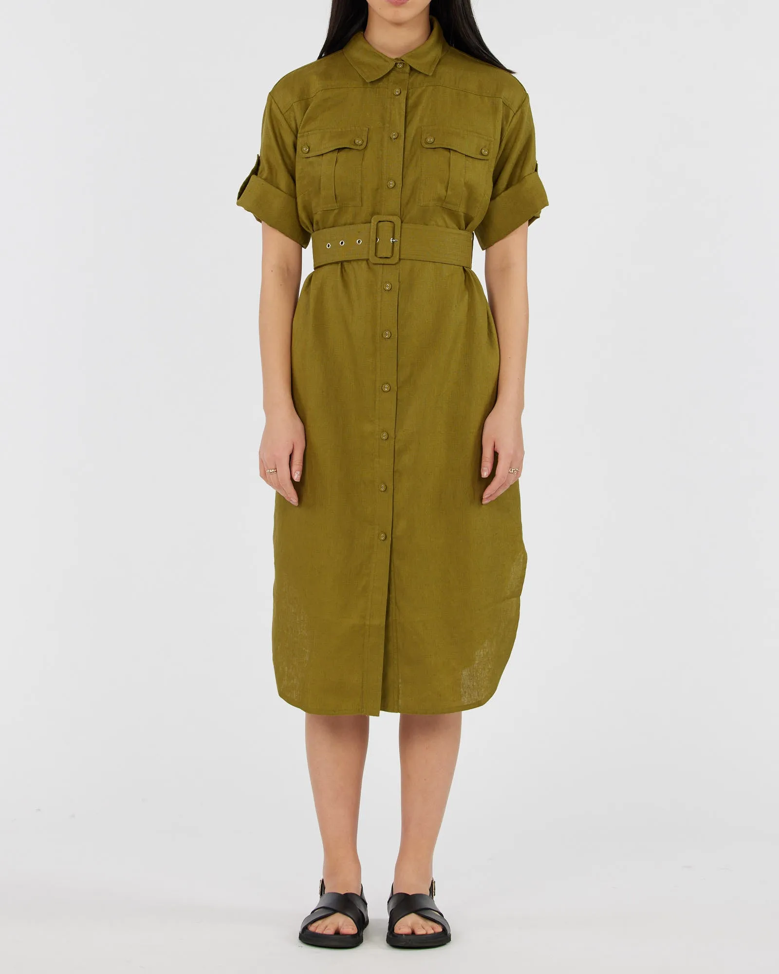 Provence Linen Shirt Dress - Olive