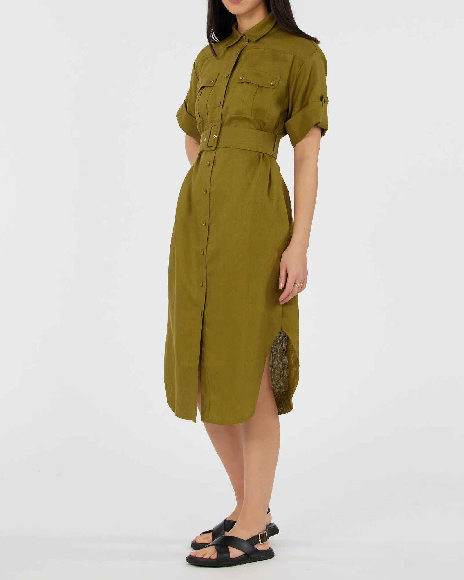 Provence Linen Shirt Dress - Olive