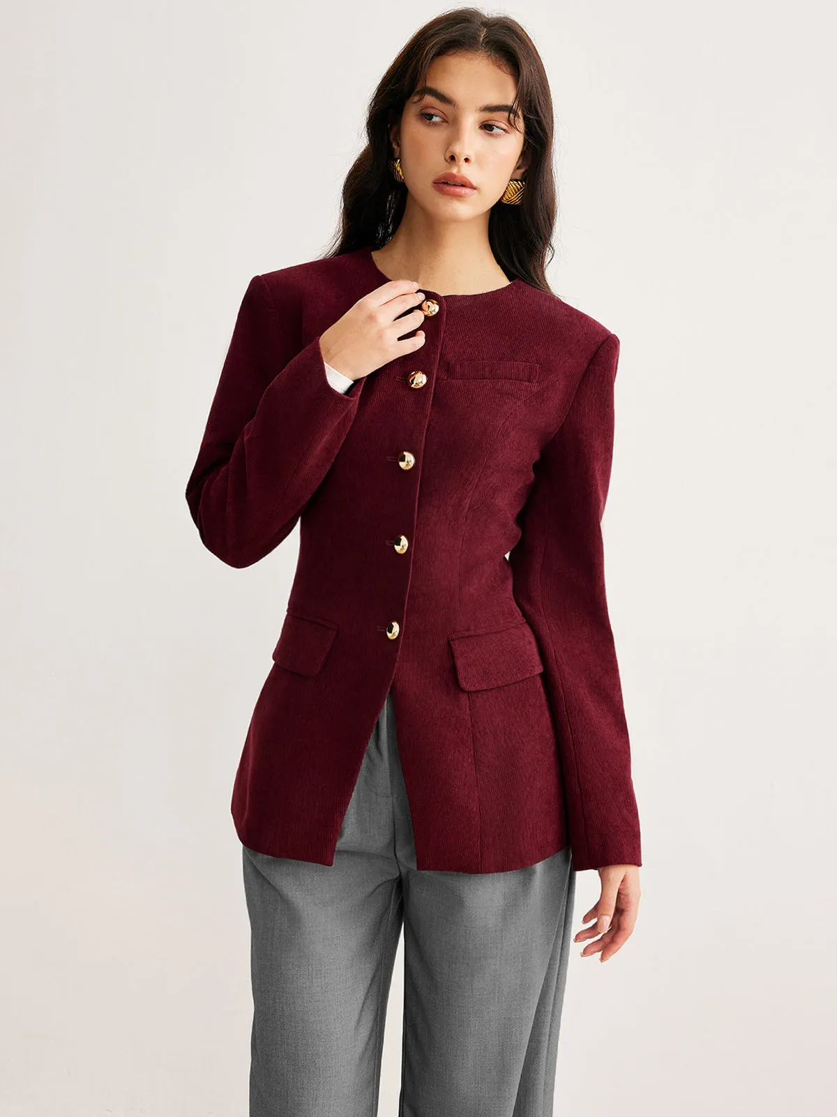 Round Neck Button Corduroy Blazer