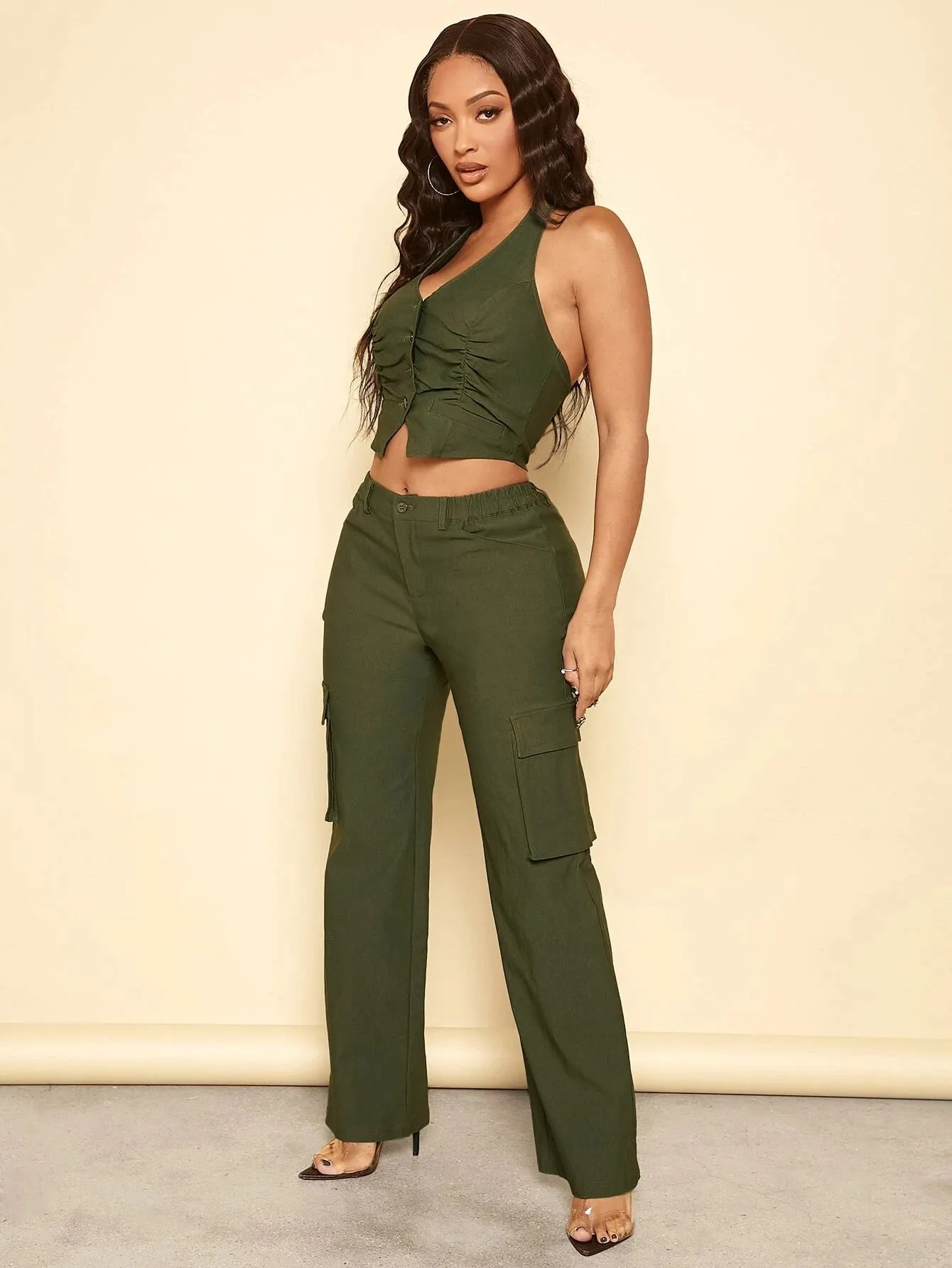 Ruched Front Halter Top And Cargo Pants