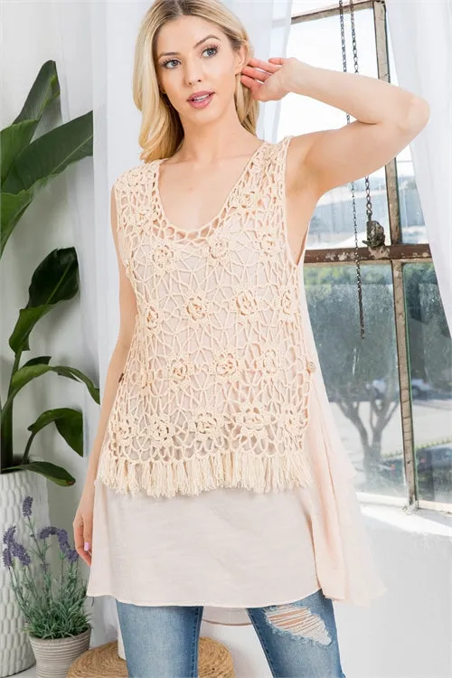 S15-3-2-T5524 PEACH SCOOPED FLORAL CROCHET NECK WITH FRINGE SLEEVELESS TOP 3-3 (NOW $4.75 ONLY!)