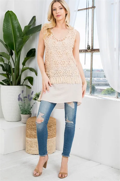 S15-3-2-T5524 PEACH SCOOPED FLORAL CROCHET NECK WITH FRINGE SLEEVELESS TOP 3-3 (NOW $4.75 ONLY!)