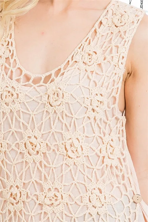 S15-3-2-T5524 PEACH SCOOPED FLORAL CROCHET NECK WITH FRINGE SLEEVELESS TOP 3-3 (NOW $4.75 ONLY!)