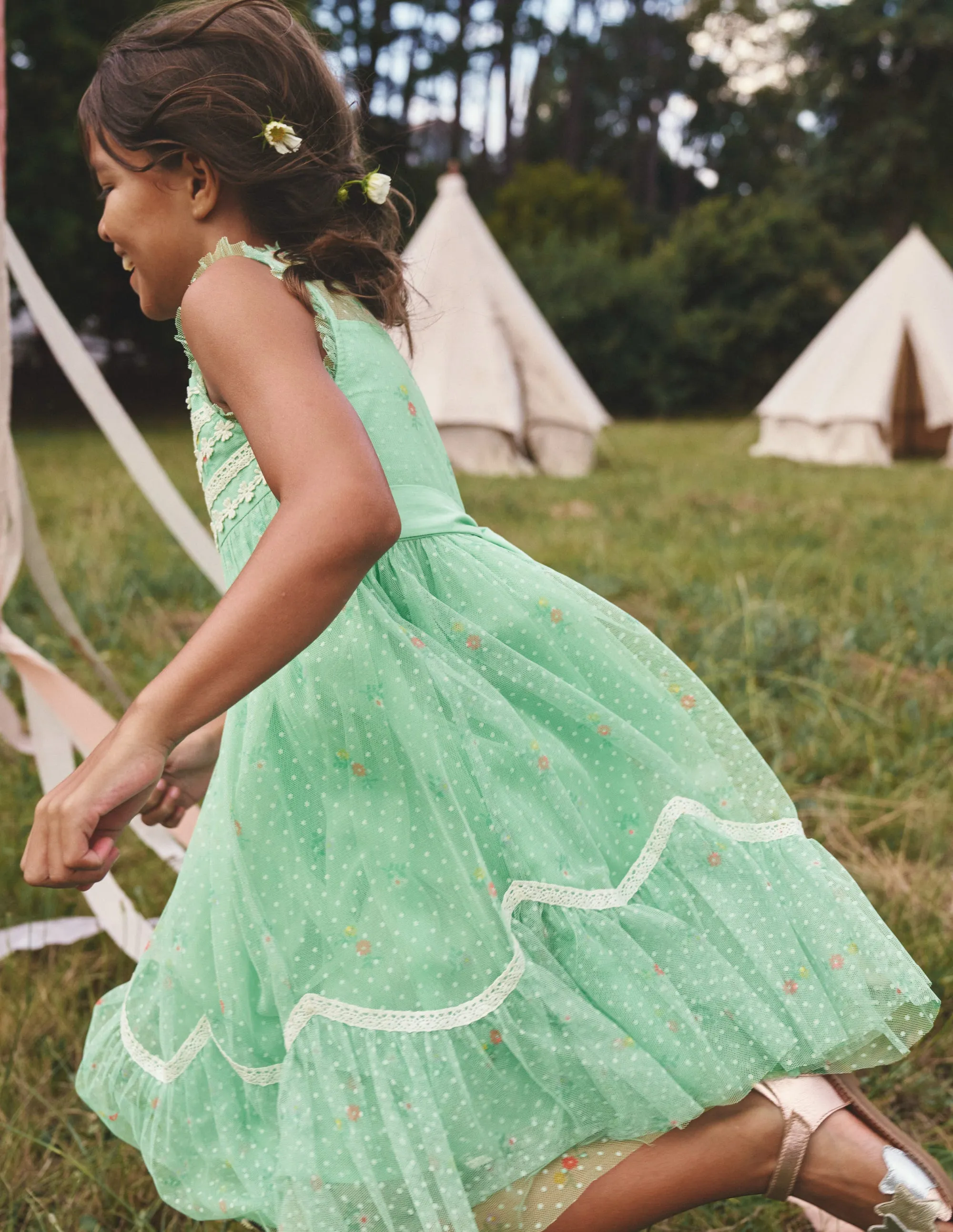 Scallop Hem Tulle Dress-Pistachio Green