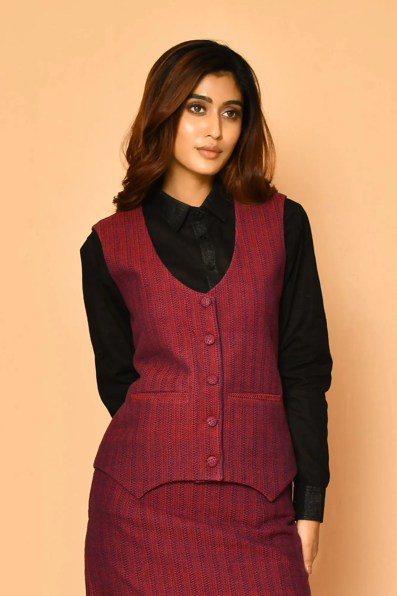 Serena Handloom Rounded V-Neck Cotton Waist Blazer