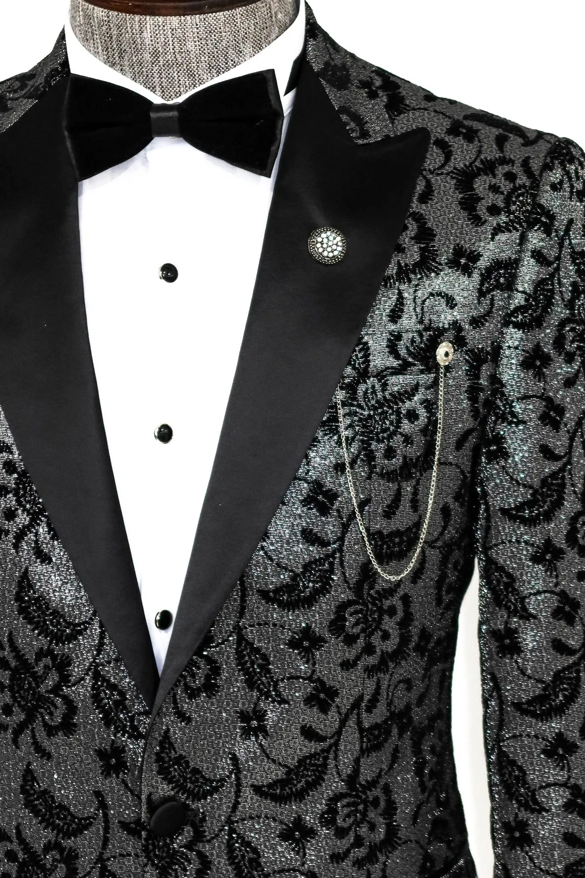 Silver and Black Floral Design Prom Blazer