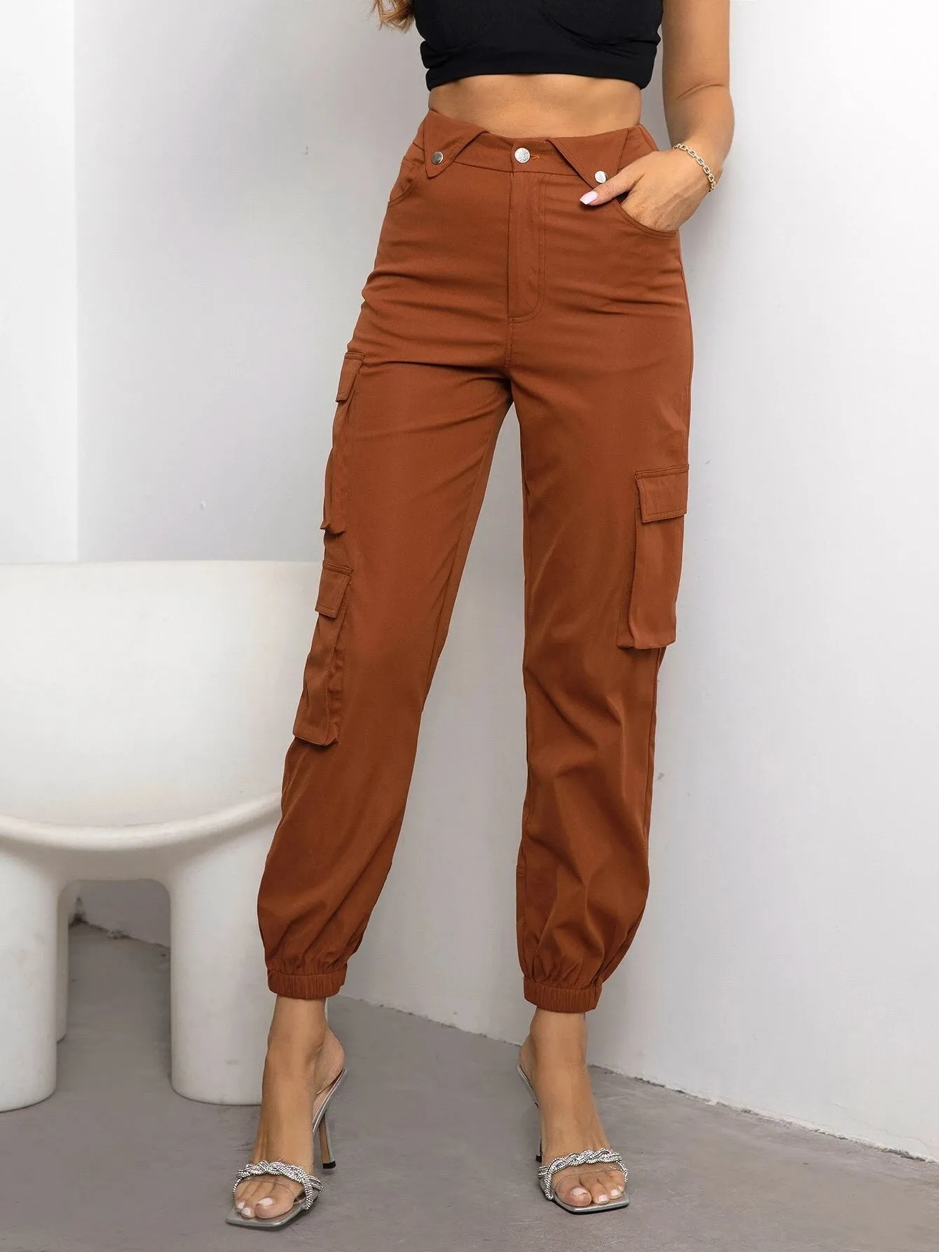 Solid Color Button Detail Cargo Pants