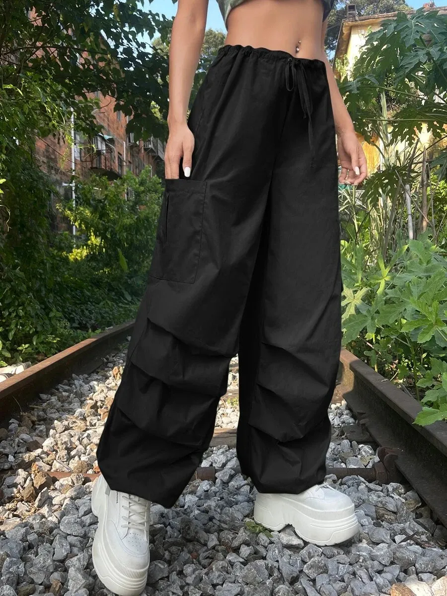 Solid Drawstring Waist Cargo Parachute Pants