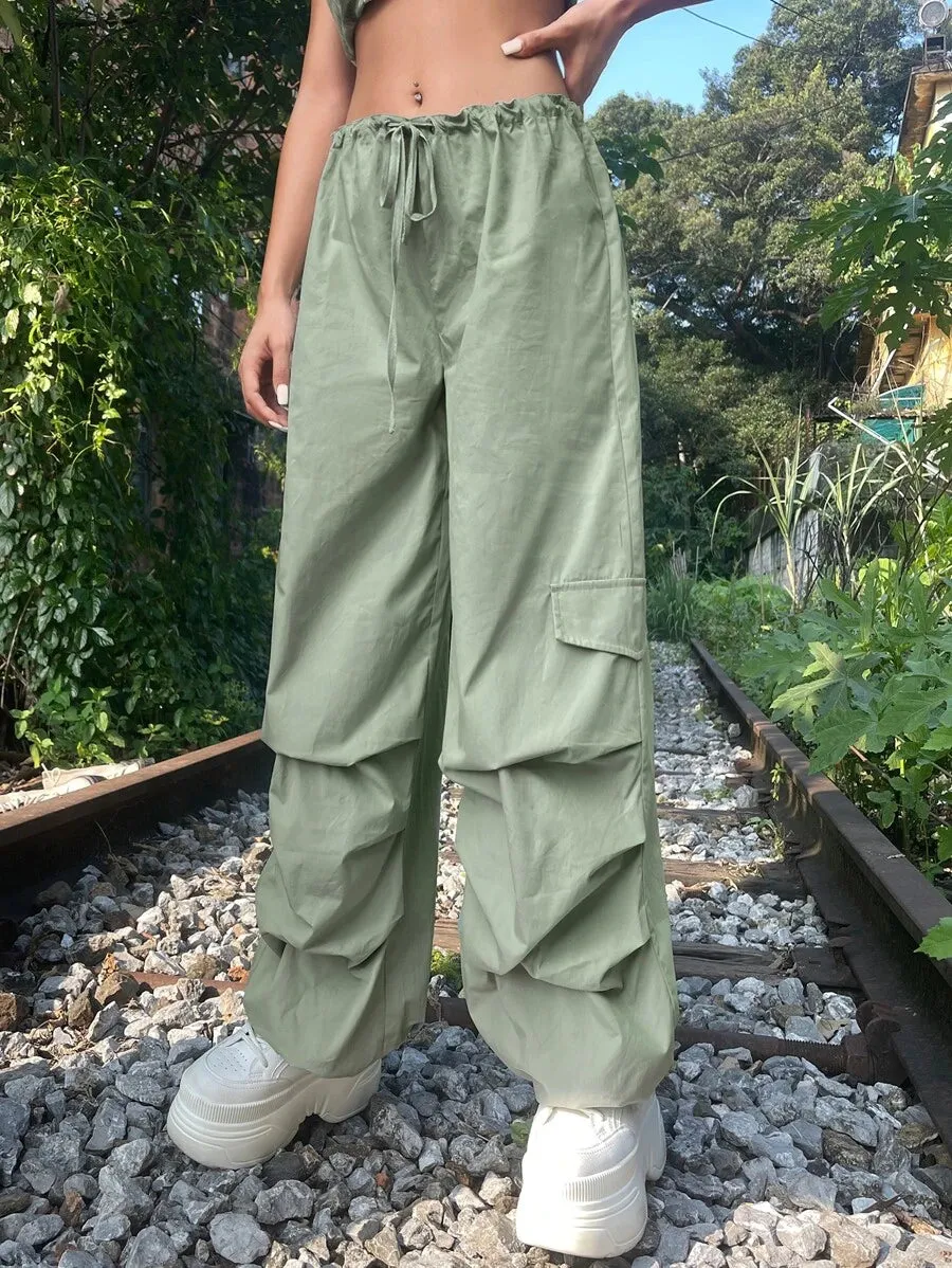 Solid Drawstring Waist Cargo Parachute Pants