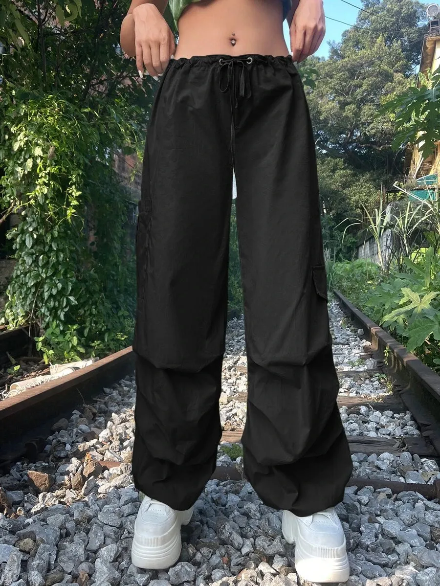 Solid Drawstring Waist Cargo Parachute Pants