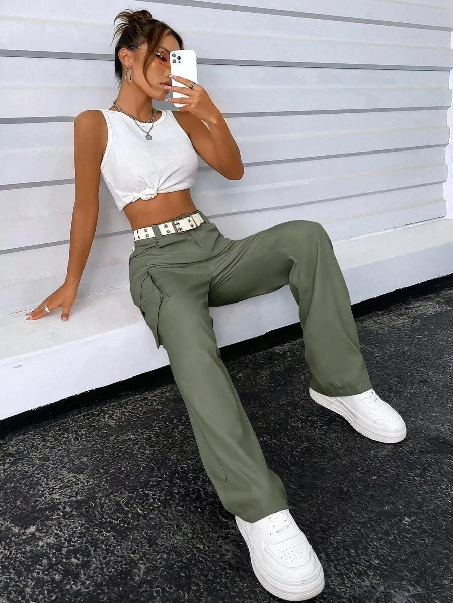 Solid Flap Pocket Side Cargo Pants