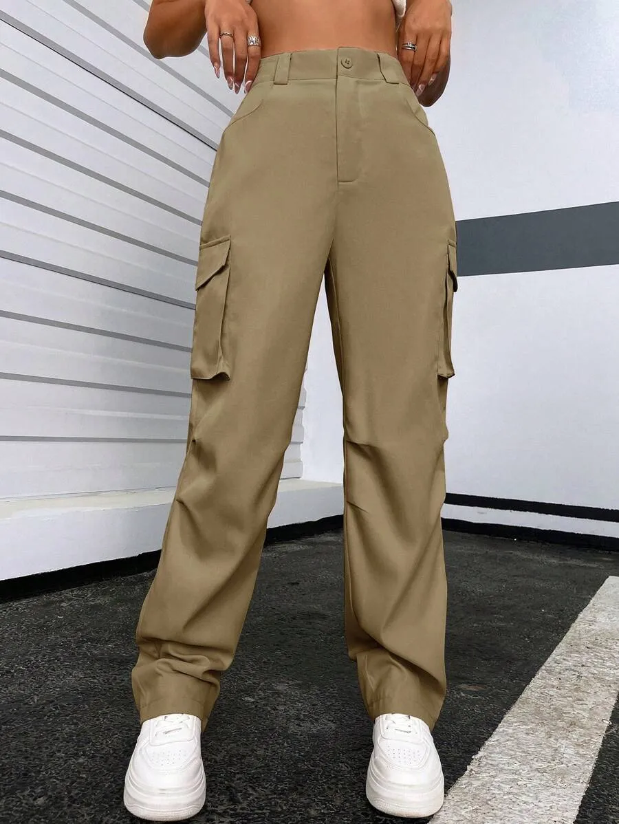 Solid Flap Pocket Side Cargo Pants