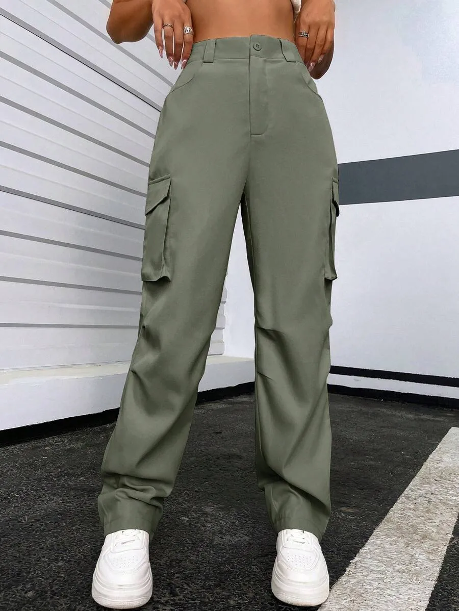 Solid Flap Pocket Side Cargo Pants