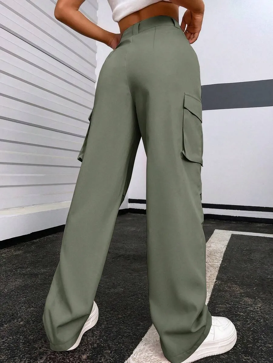 Solid Flap Pocket Side Cargo Pants