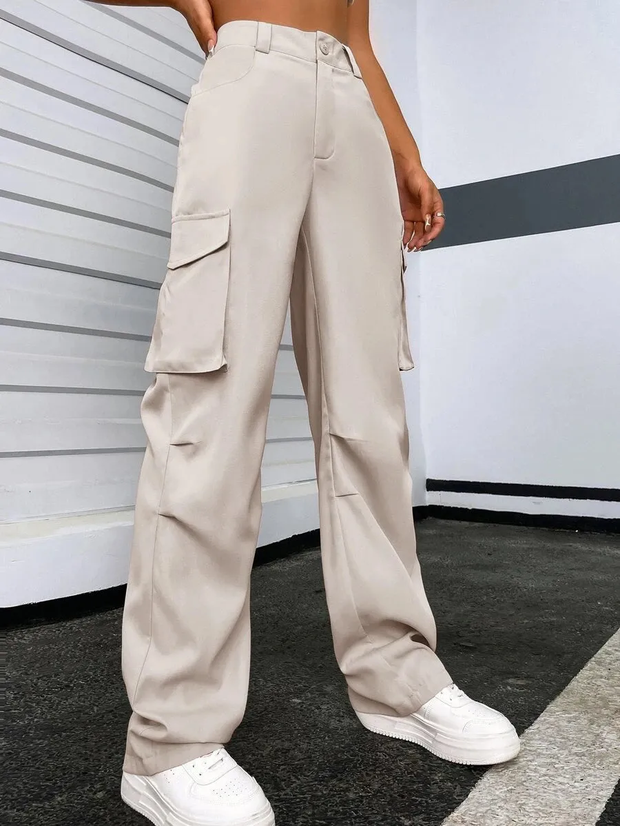 Solid Flap Pocket Side Cargo Pants