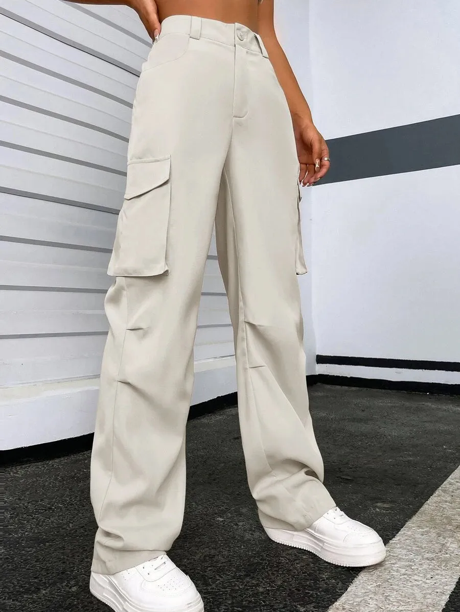 Solid Flap Pocket Side Cargo Pants