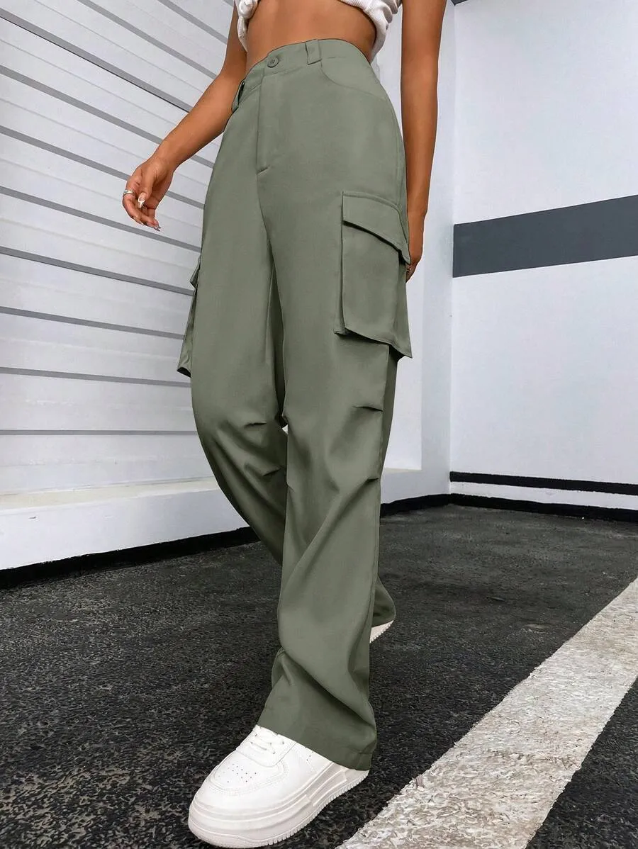 Solid Flap Pocket Side Cargo Pants