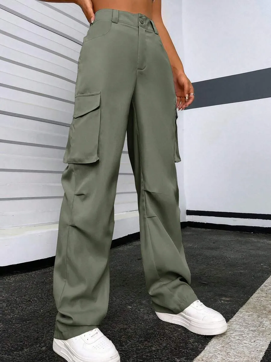 Solid Flap Pocket Side Cargo Pants