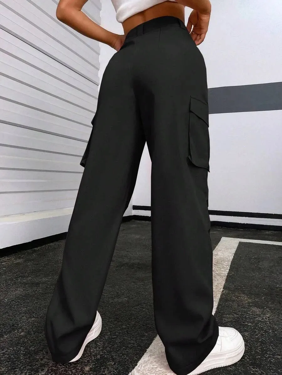 Solid Flap Pocket Side Cargo Pants