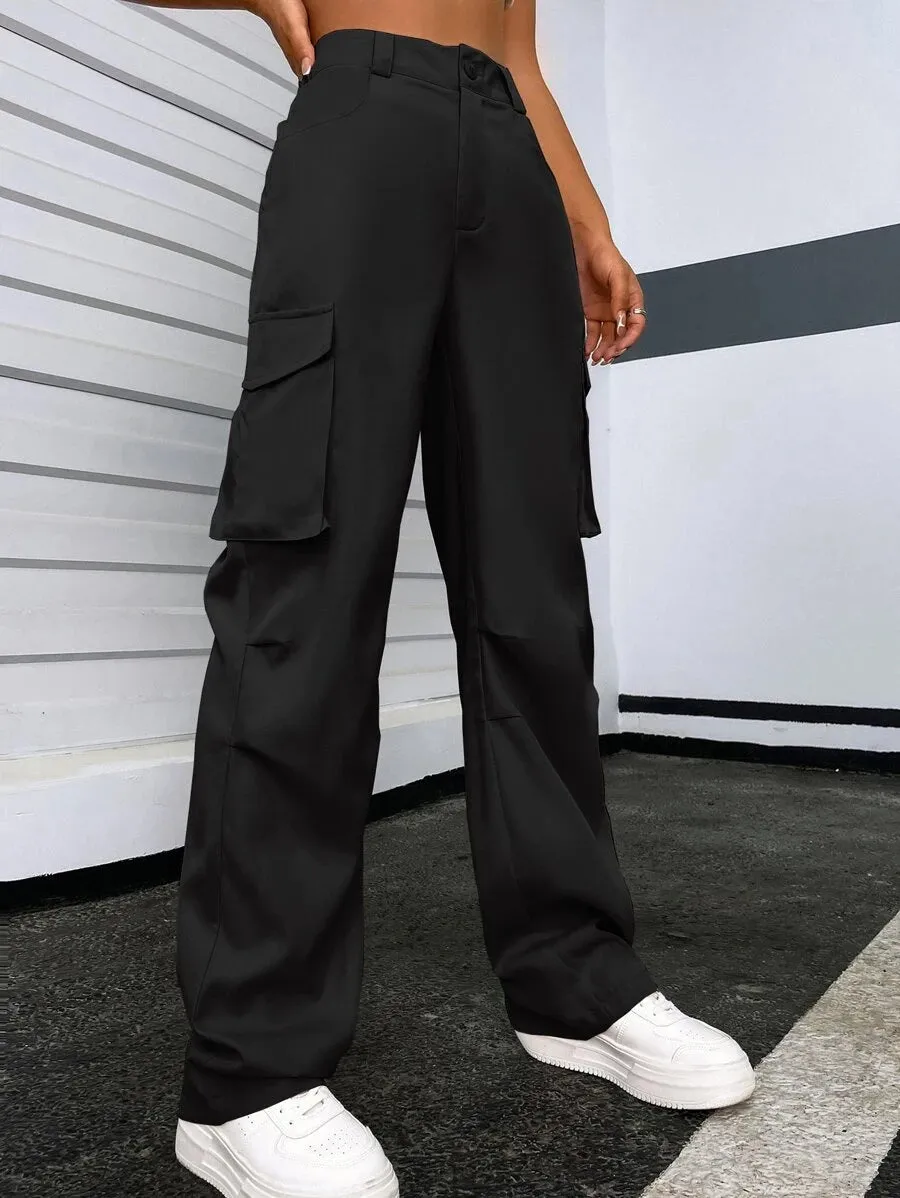 Solid Flap Pocket Side Cargo Pants