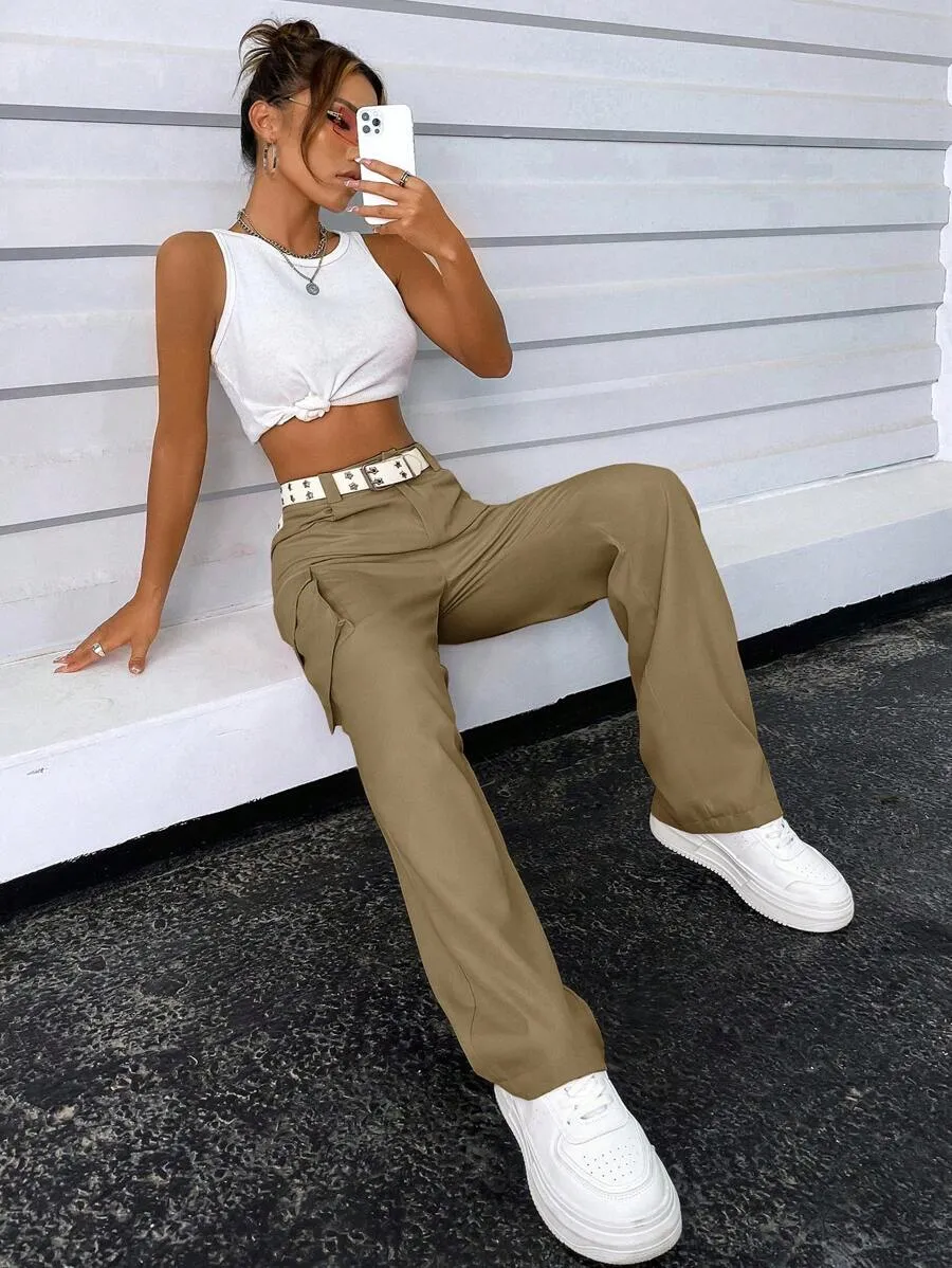 Solid Flap Pocket Side Cargo Pants