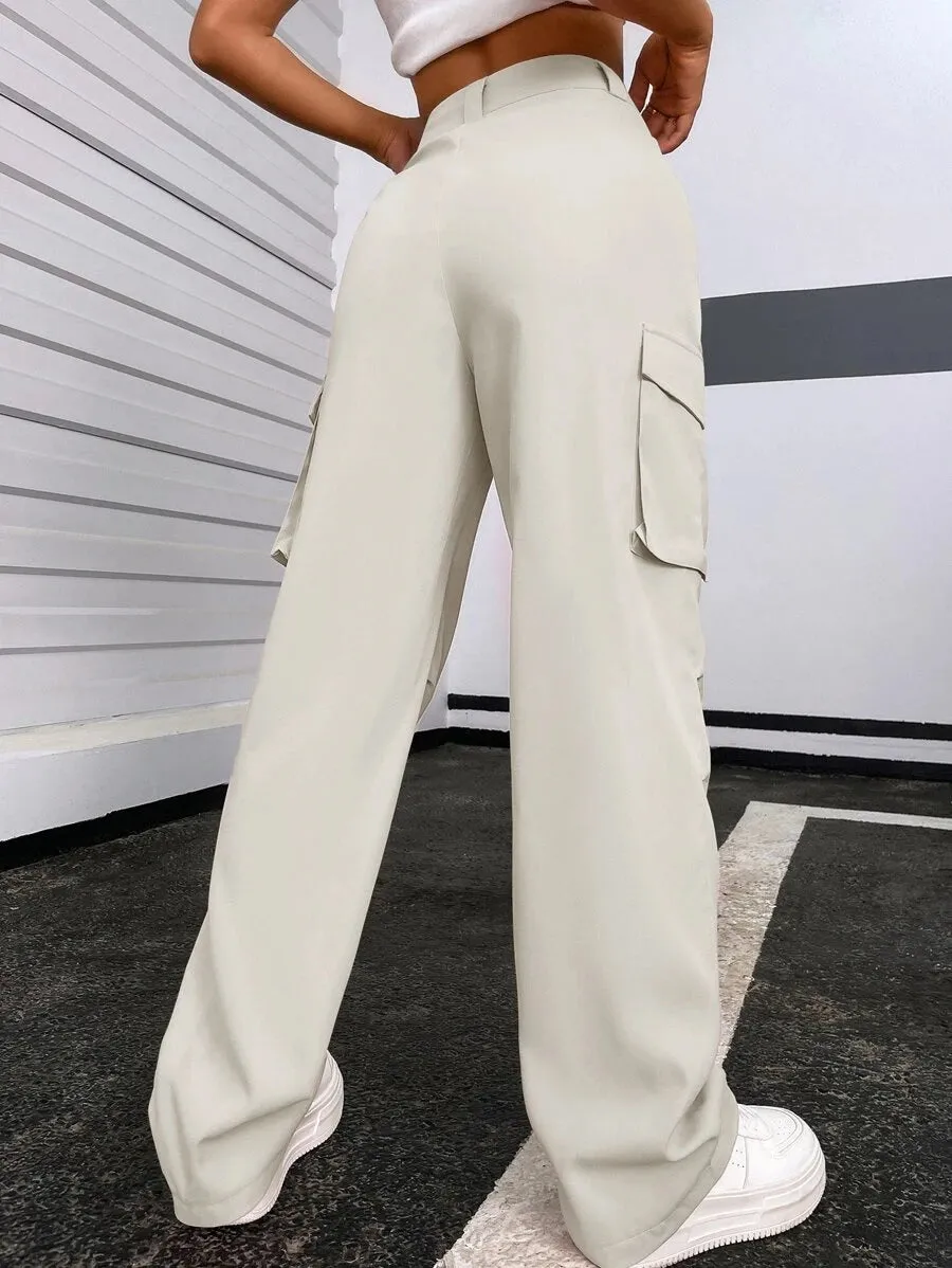 Solid Flap Pocket Side Cargo Pants