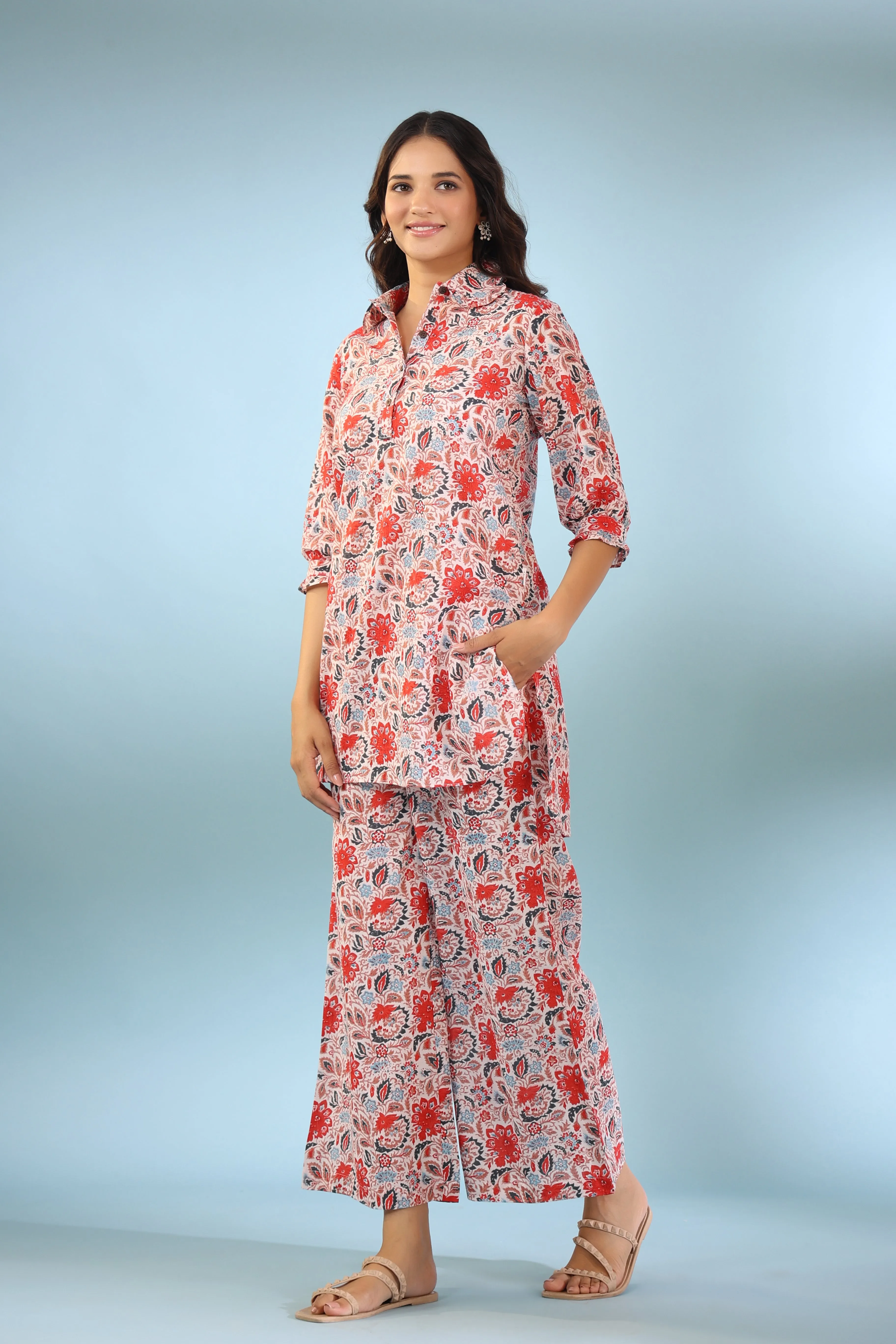 Spring Flowers on Cotton Palazzo Loungewear Set