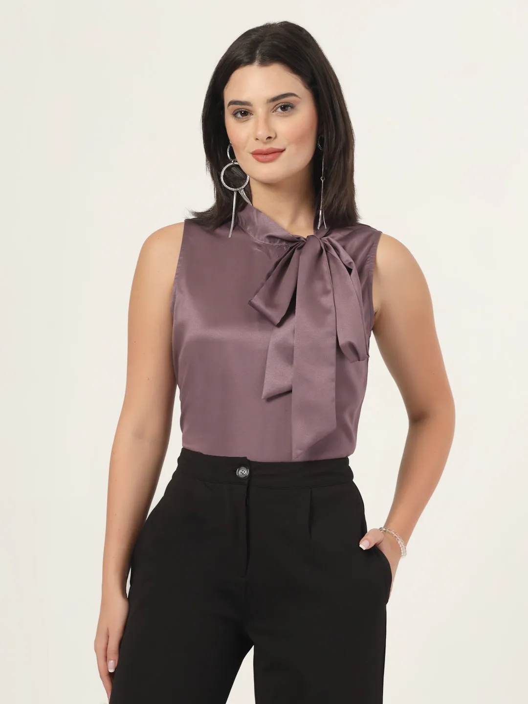 Style Quotient Women Solid Mauve Regular Fit Formal Satin Top