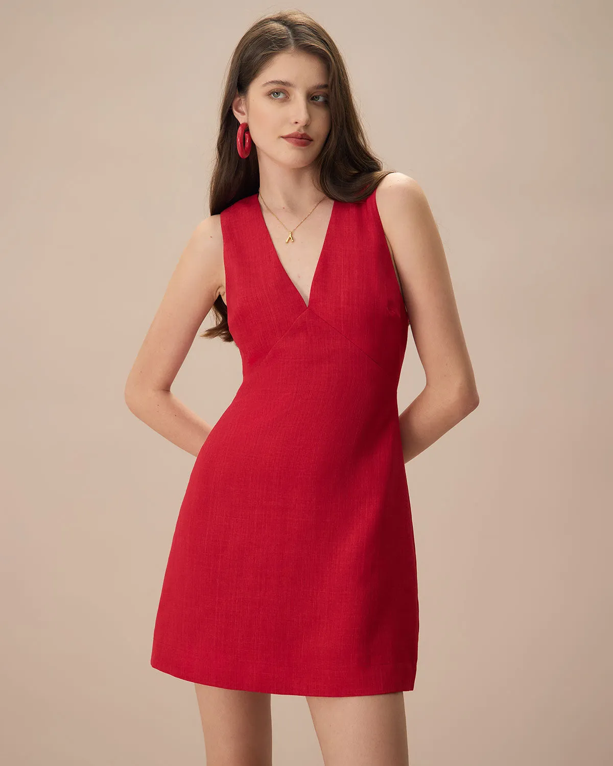 The Red V Neck Sleeveless Linen Mini Dress