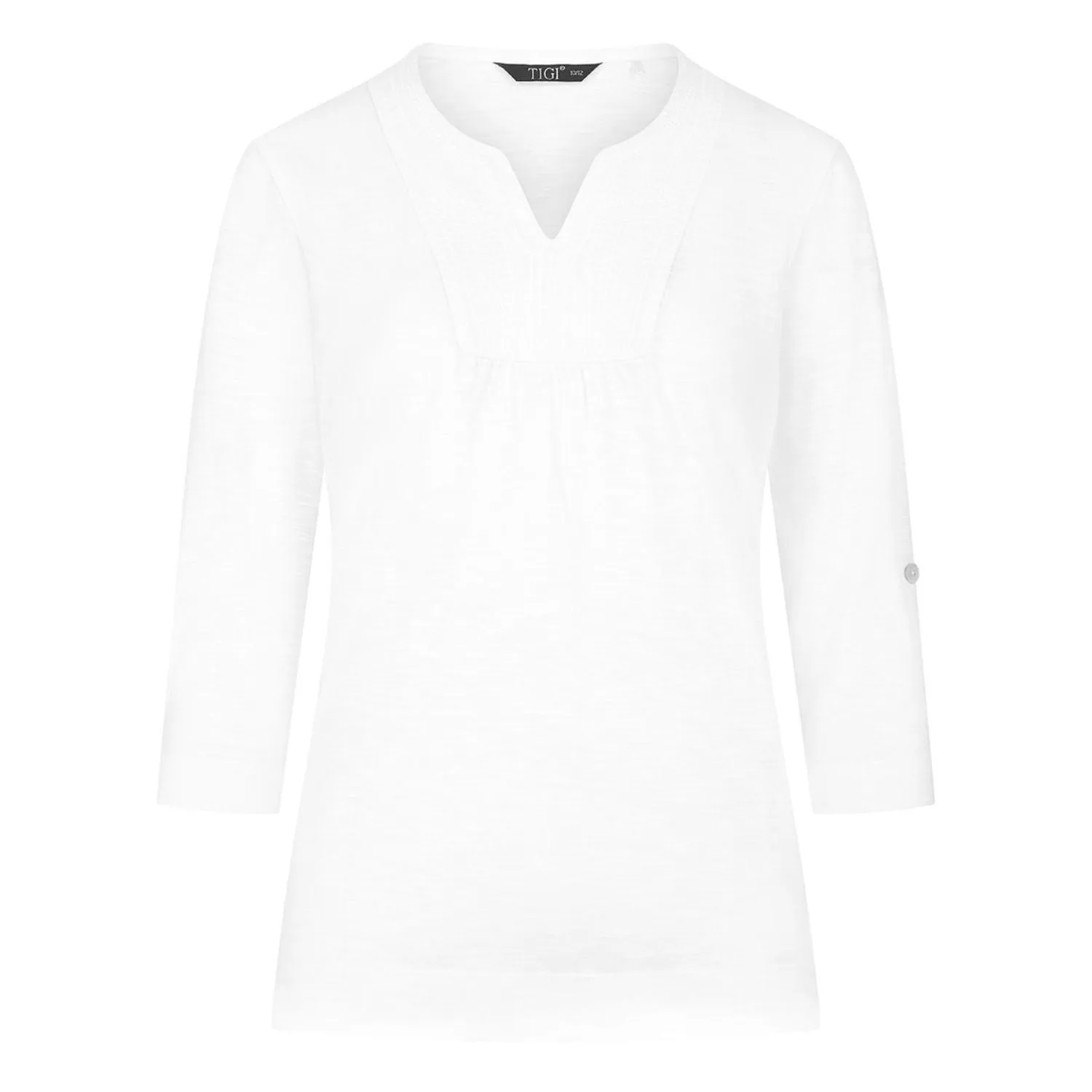 TIGI 10/12 Embroidered Bib Notch Neckline Top