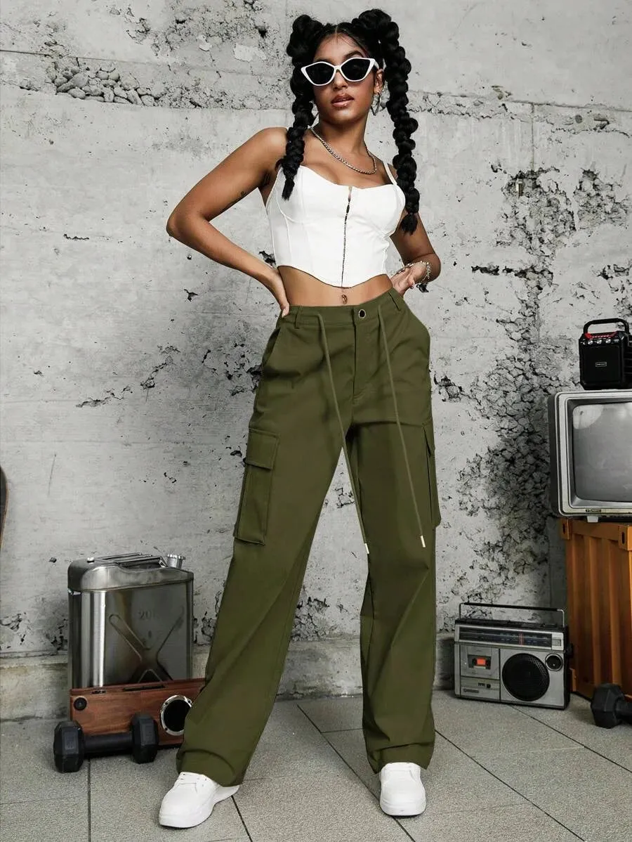 Trendy Drawstring Flap Pocket Side Cargo Pants