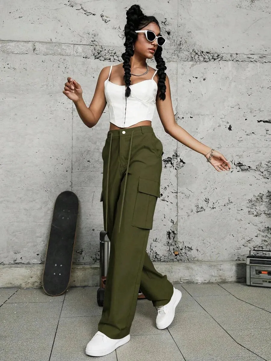 Trendy Drawstring Flap Pocket Side Cargo Pants